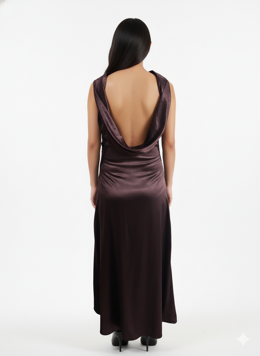 Midnight Plum Cowl Back Satin Maxi Dress