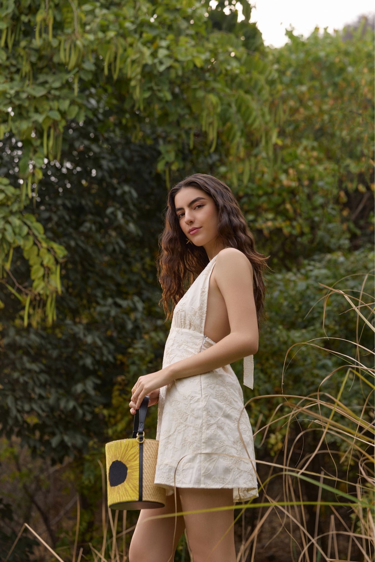Cream Embroidered Halter Mini Dress