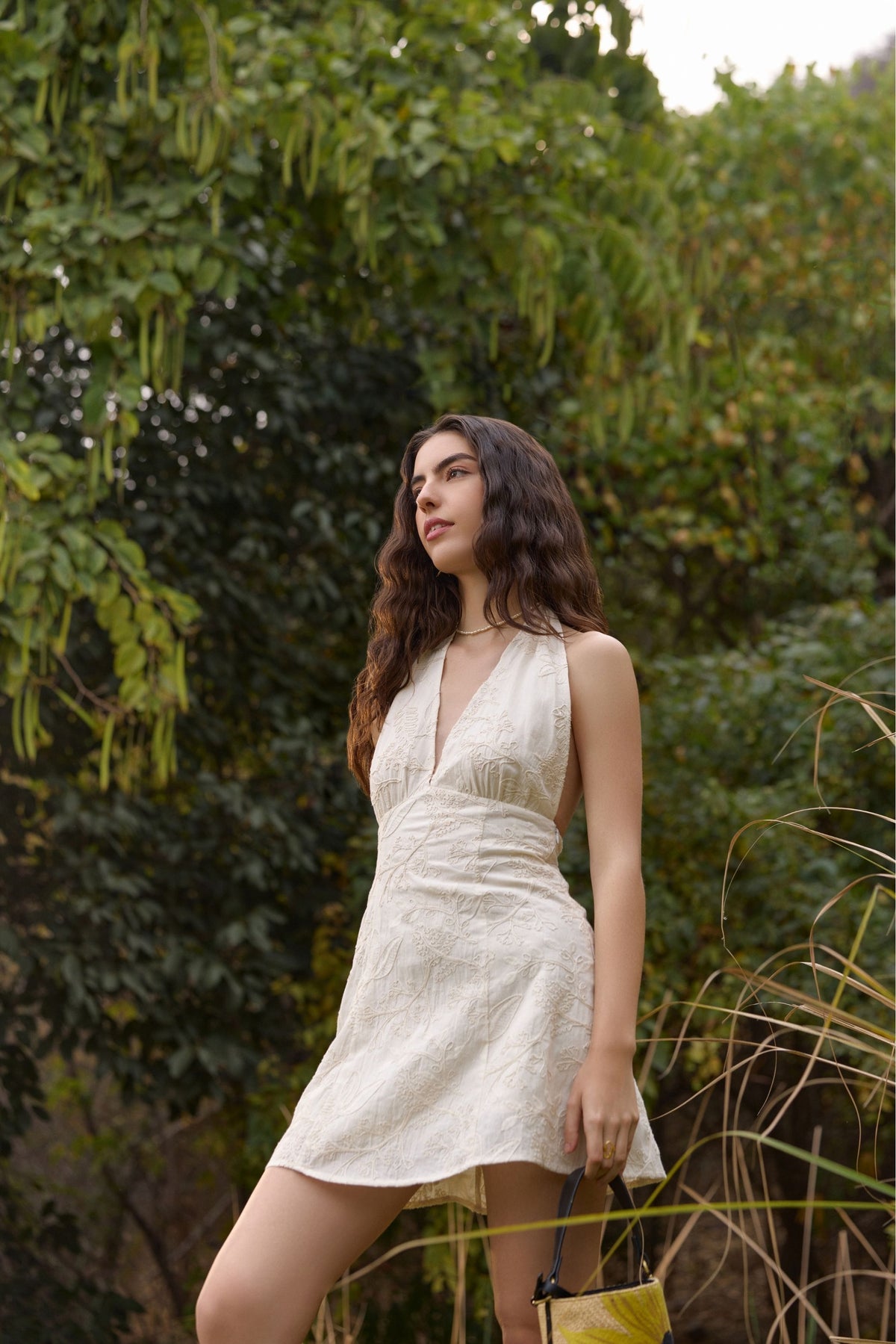 Cream Embroidered Halter Mini Dress