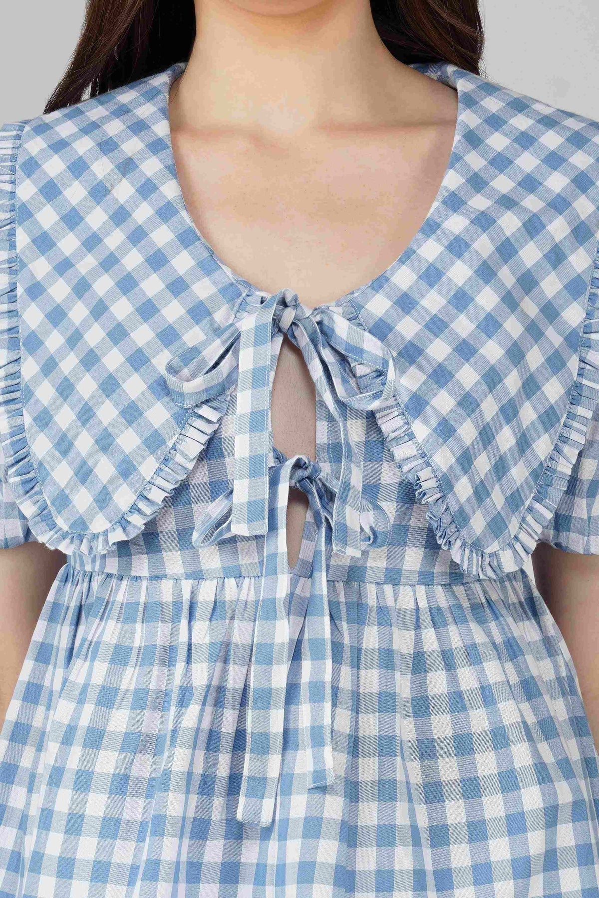 Blue Checked Front Tie-Up Peplum Top