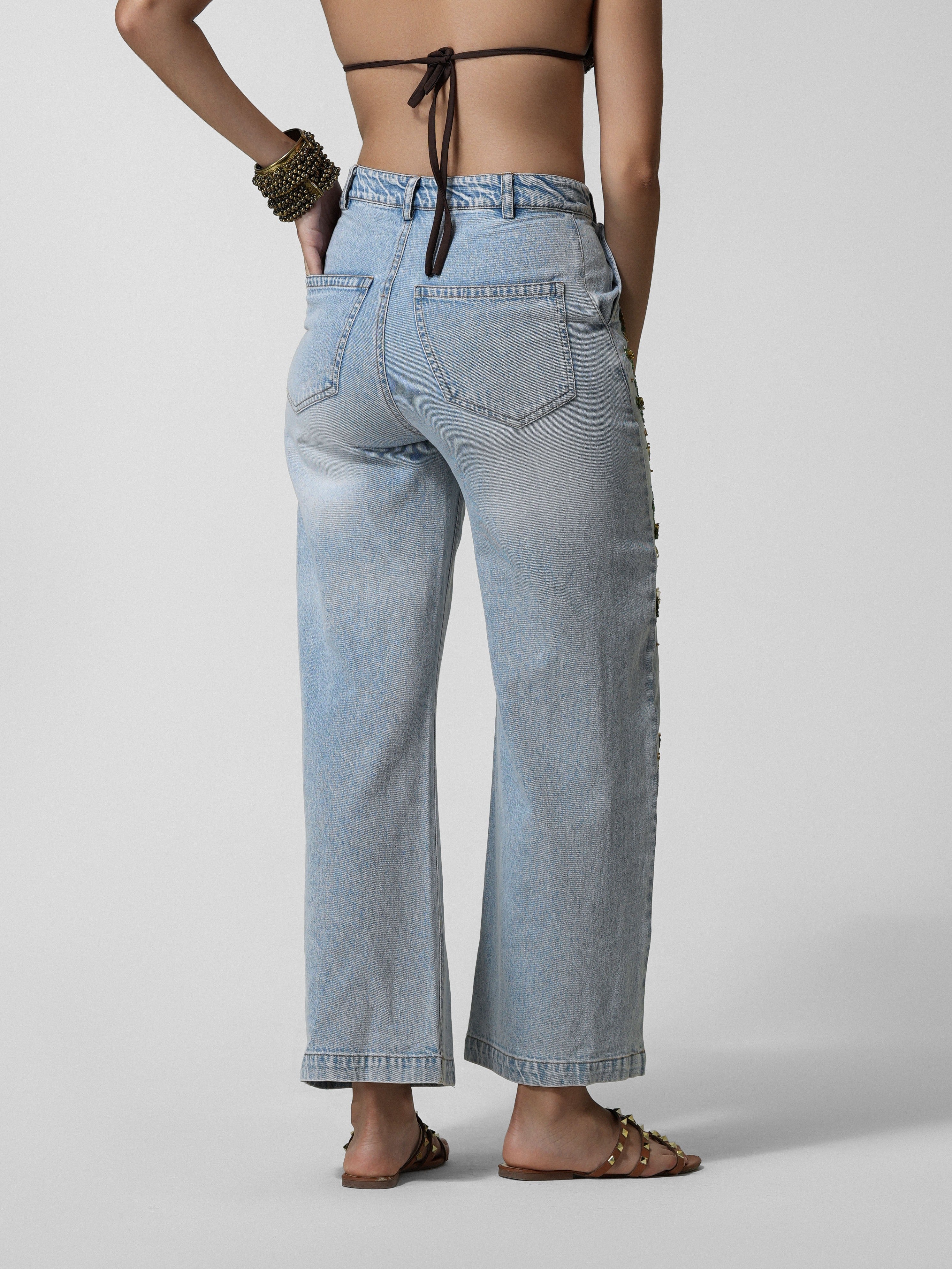 Floral Side-Embroidered Wide-Leg Jeans