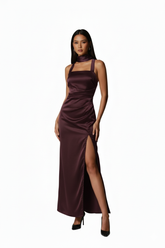 Plum Satin Lace-Up Back Dress