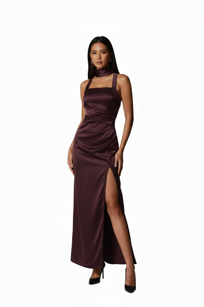 Plum Satin Lace-Up Back Dress
