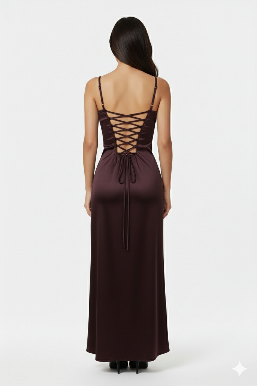 Plum Satin Lace-Up Back Dress