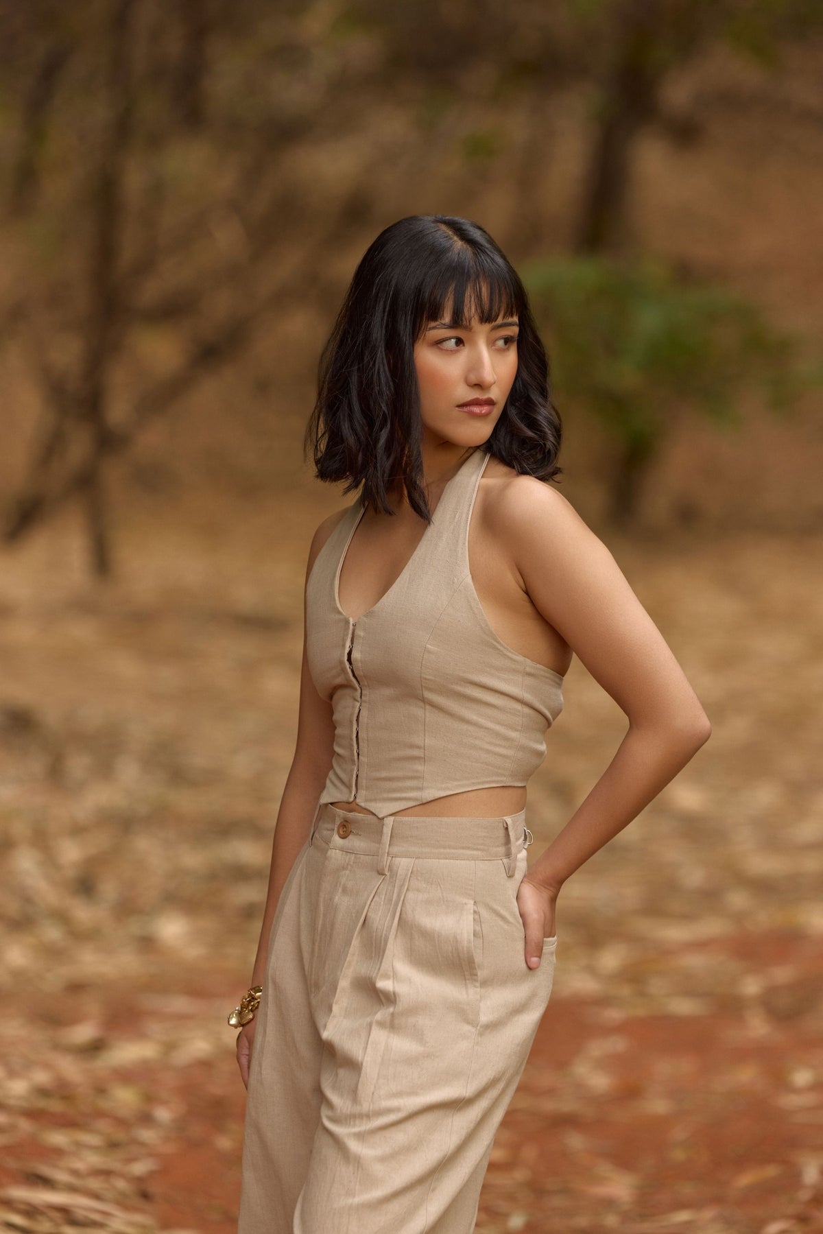 Beige Halter Neck Waistcoat