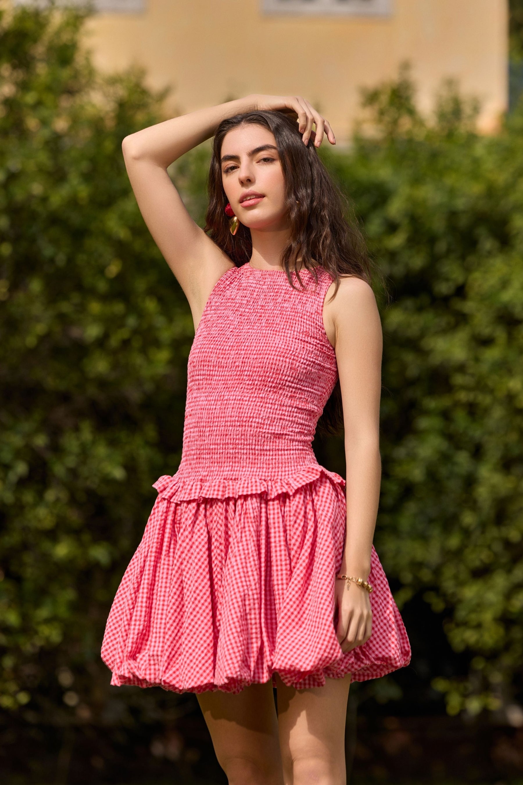 Red Gingham Bubble Hem Mini Dress