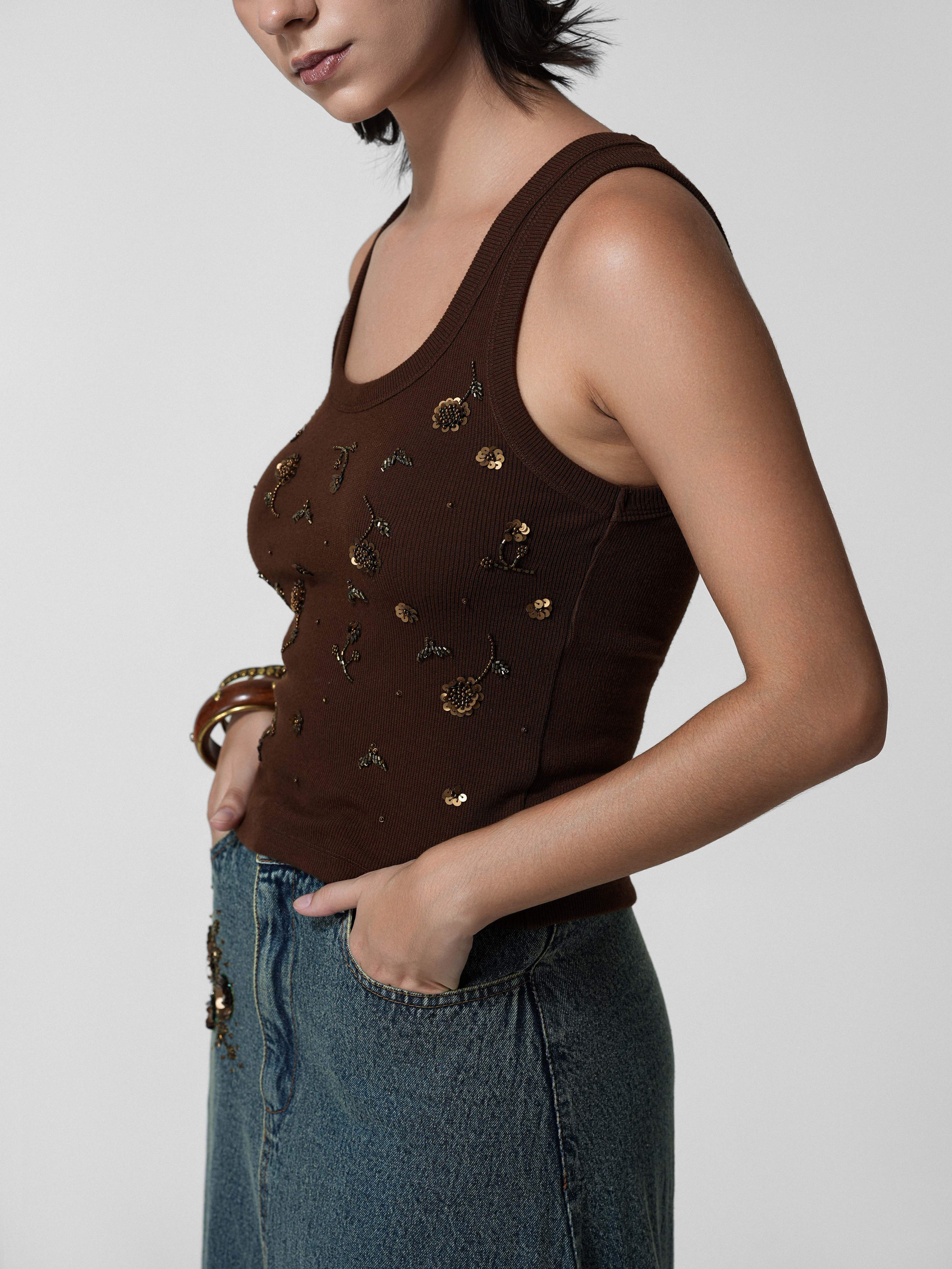 Brown Beaded Floral Tank Top