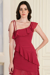 Fuchsia Pink One-Shoulder Ruffled Dress