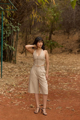 Beige Halter Neck Waistcoat & Pleated Shorts