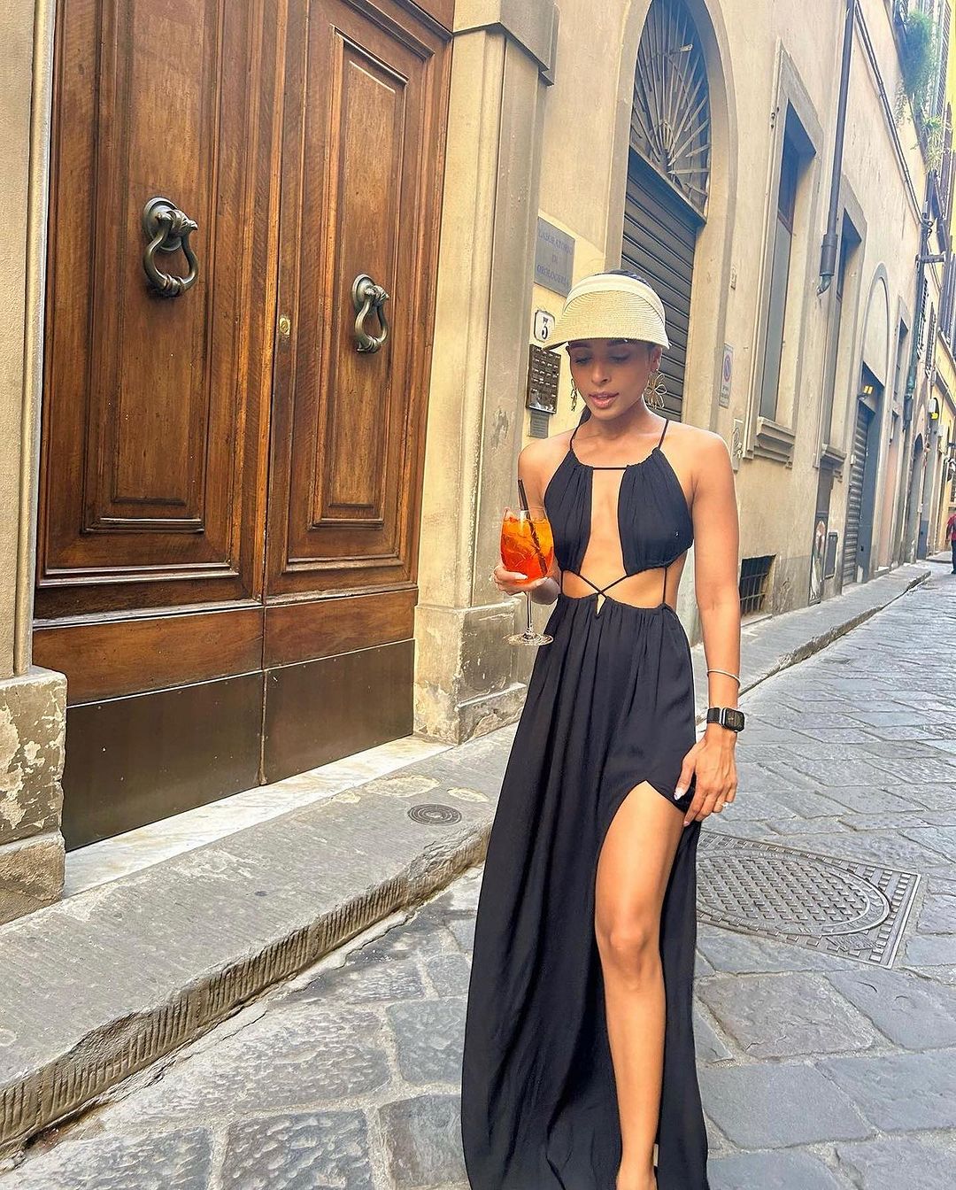 Black Halter Neck Drawstring Tie-Up Long Slit Dress