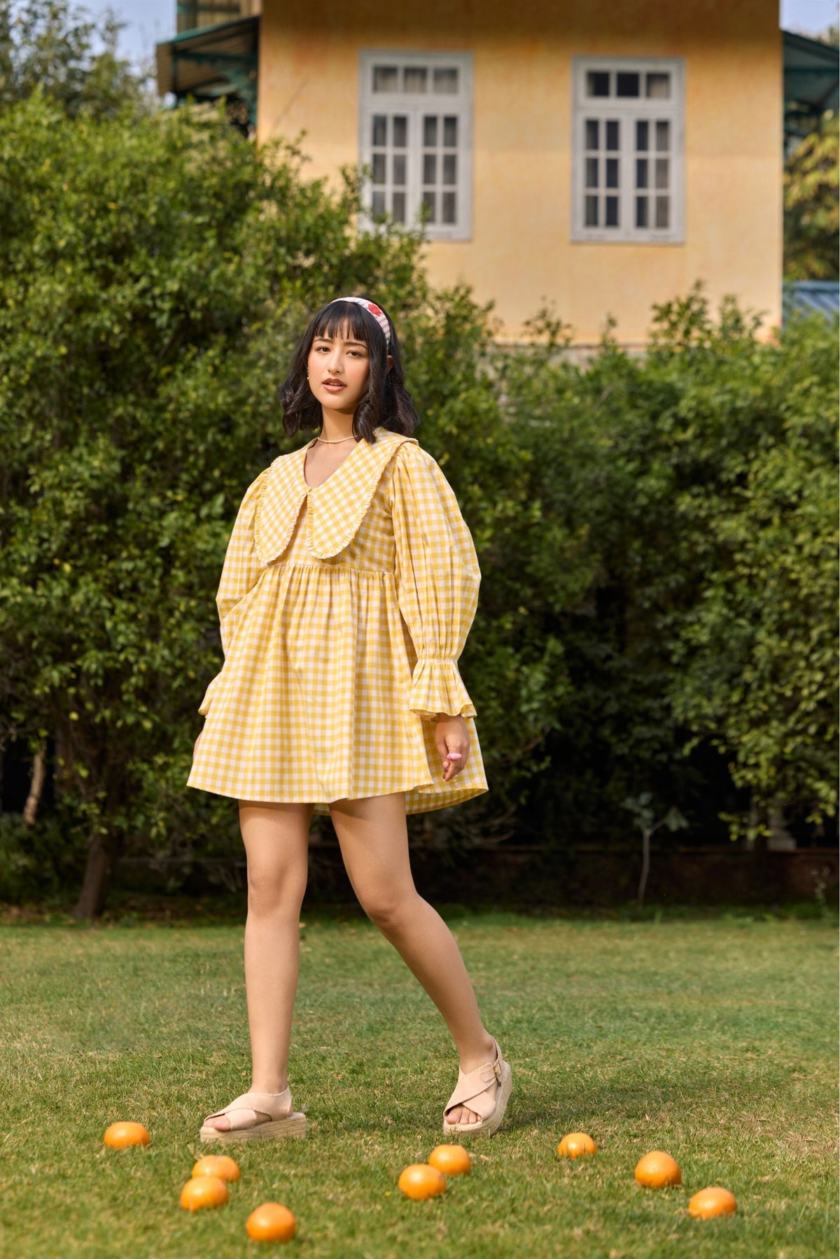 Yellow Checked Flared Mini Dress