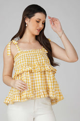 Yellow Gingham Ruffle Strap Top