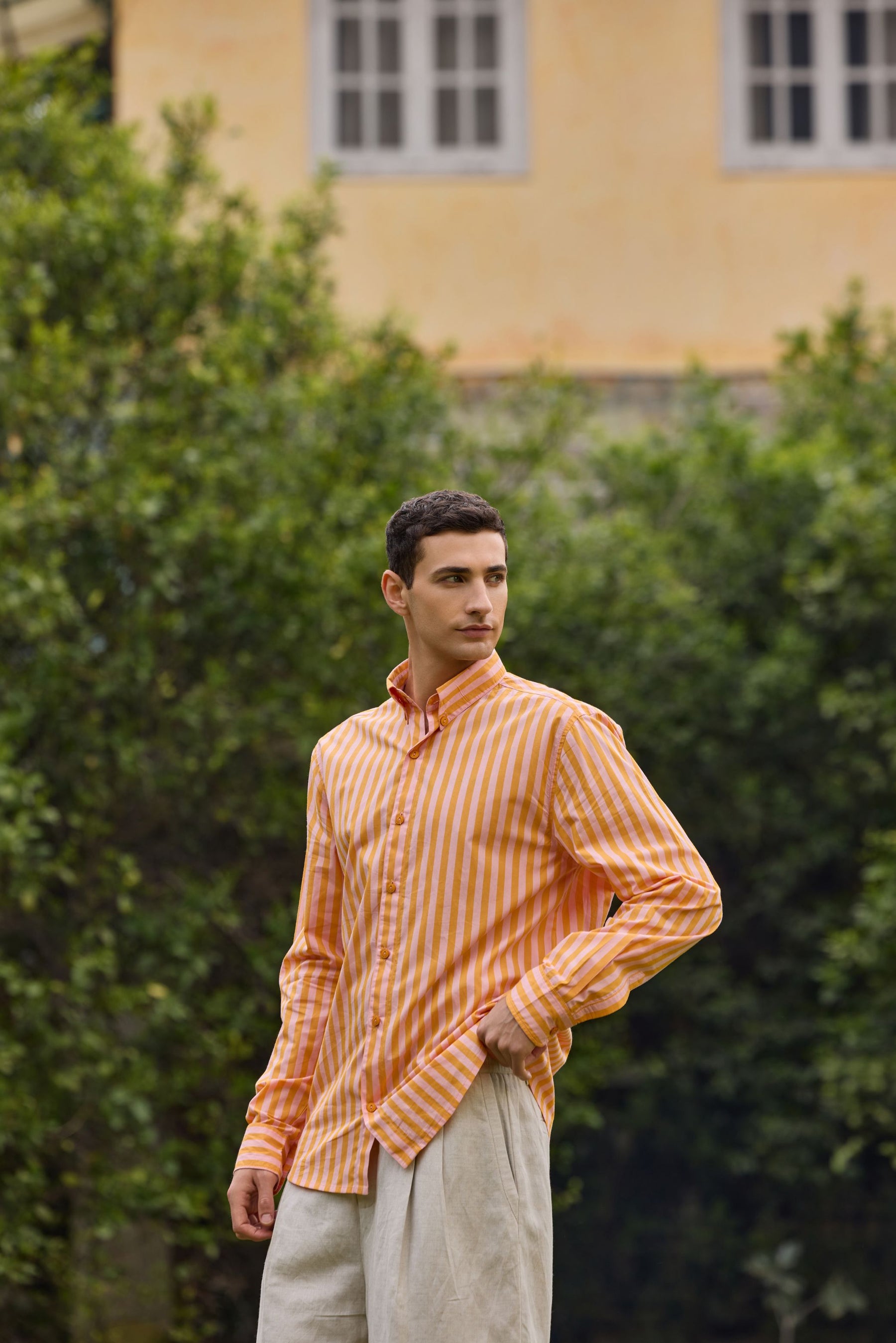 Orange Pink Striped Cotton Shirt