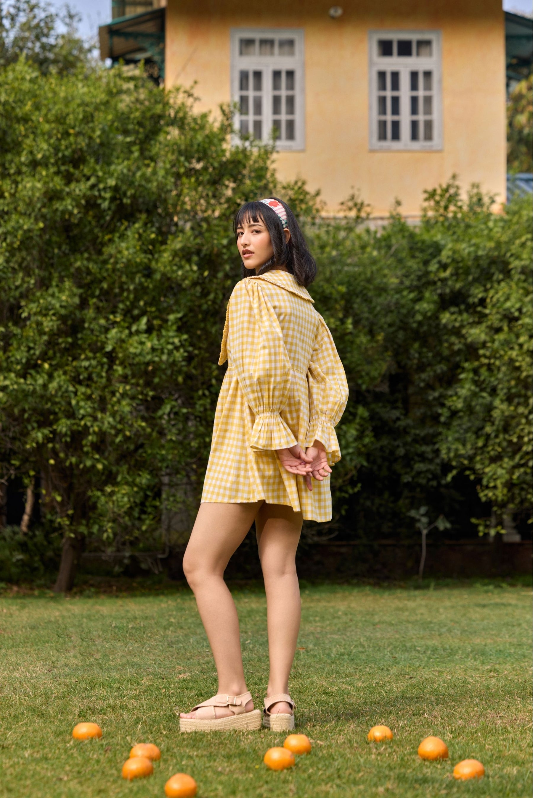 Yellow Checked Flared Mini Dress