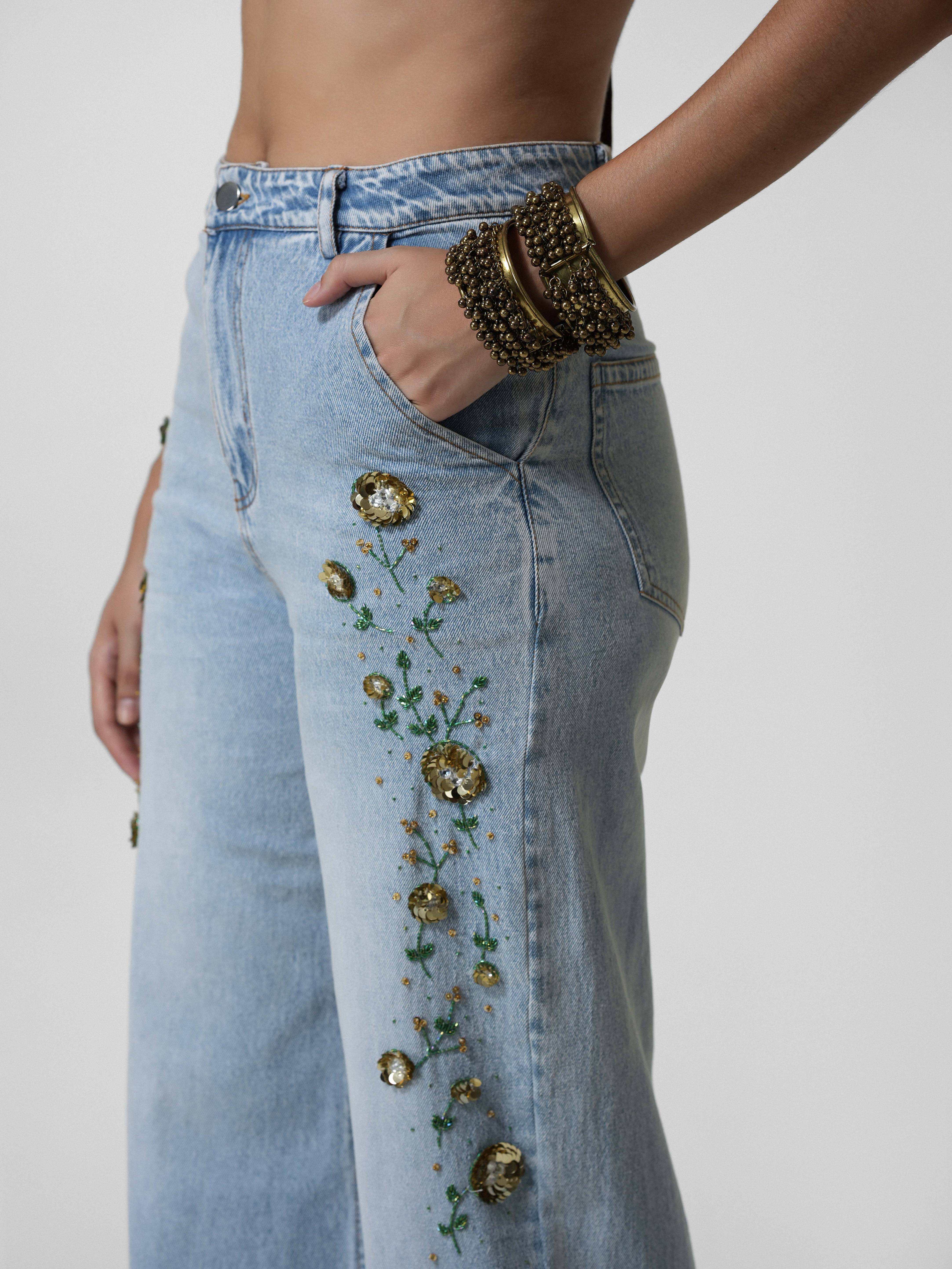 Floral Side-Embroidered Wide-Leg Jeans