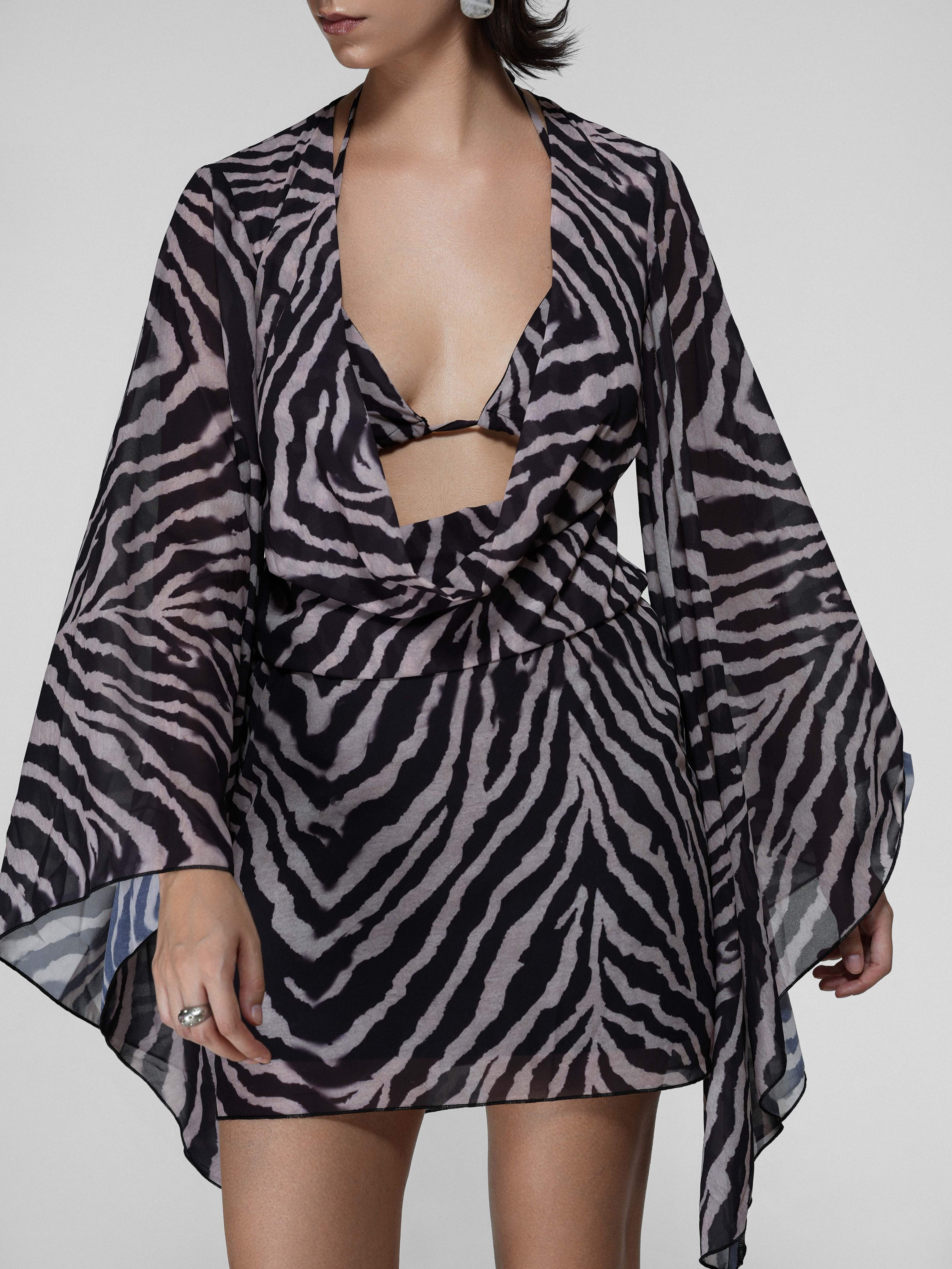 Zebra Print Sheer Cowl Wrap Dress with Bell Sleeves
