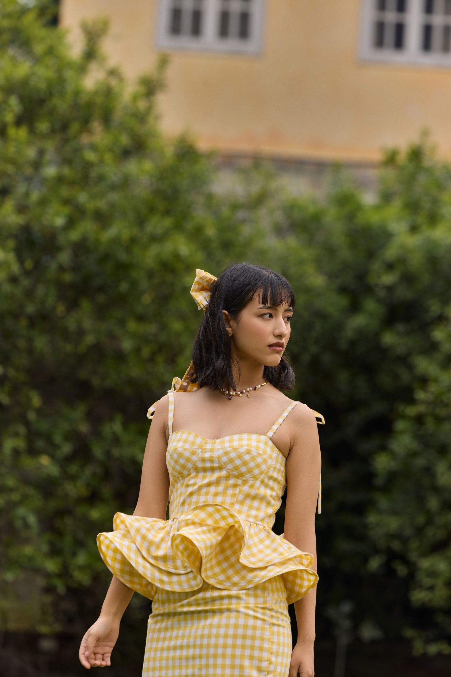 Yellow Gingham Peplum Top & Skirt Set