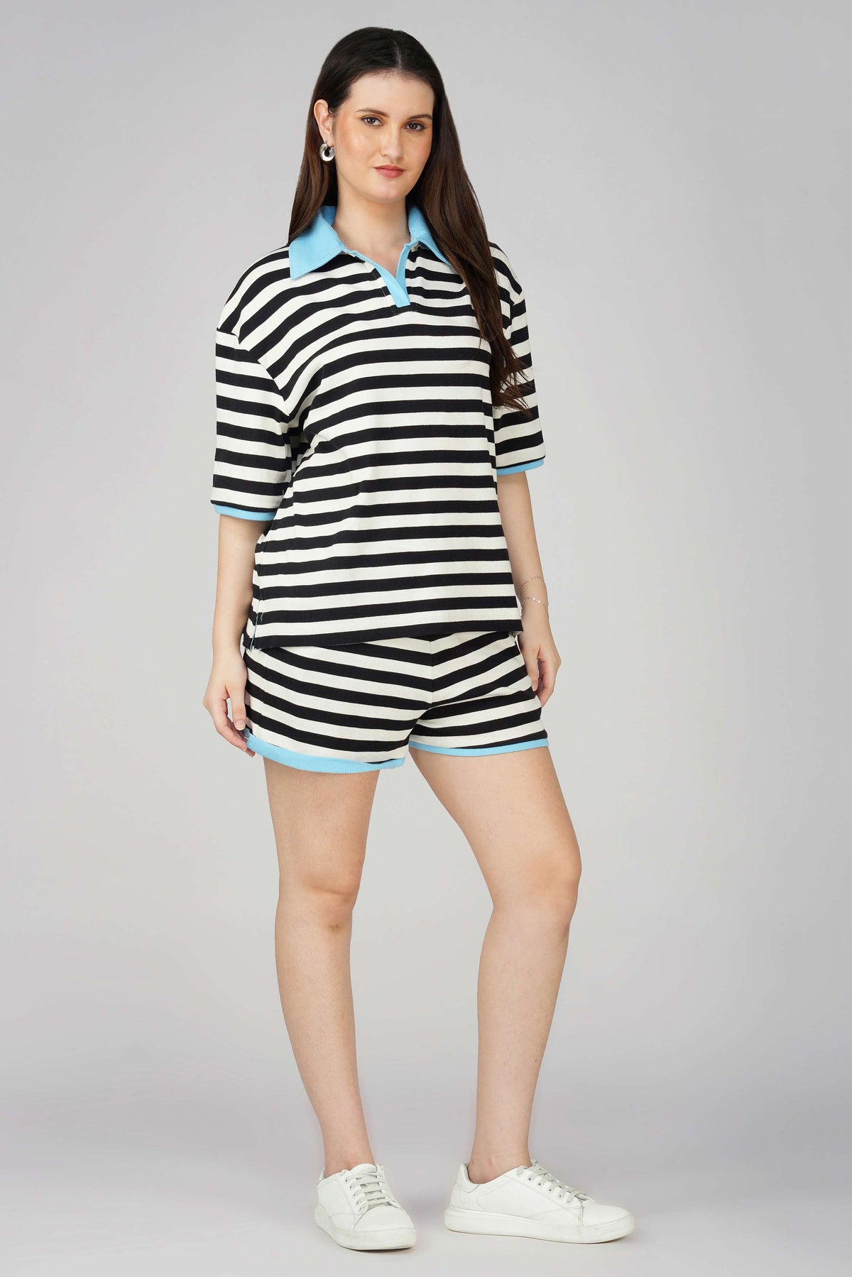 Black and White striped lounge Polo T-shirt