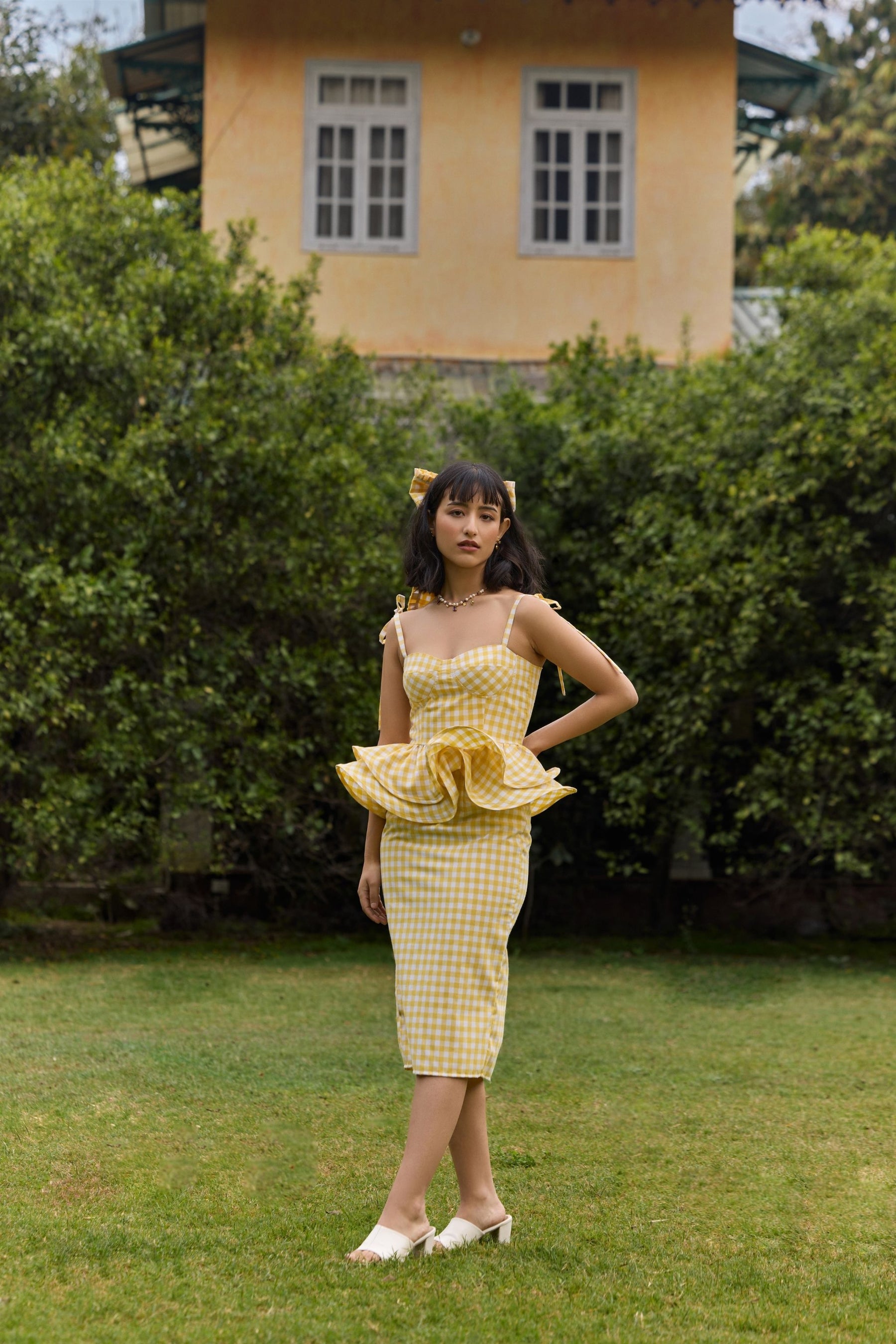 Yellow Gingham Peplum Top & Skirt Set