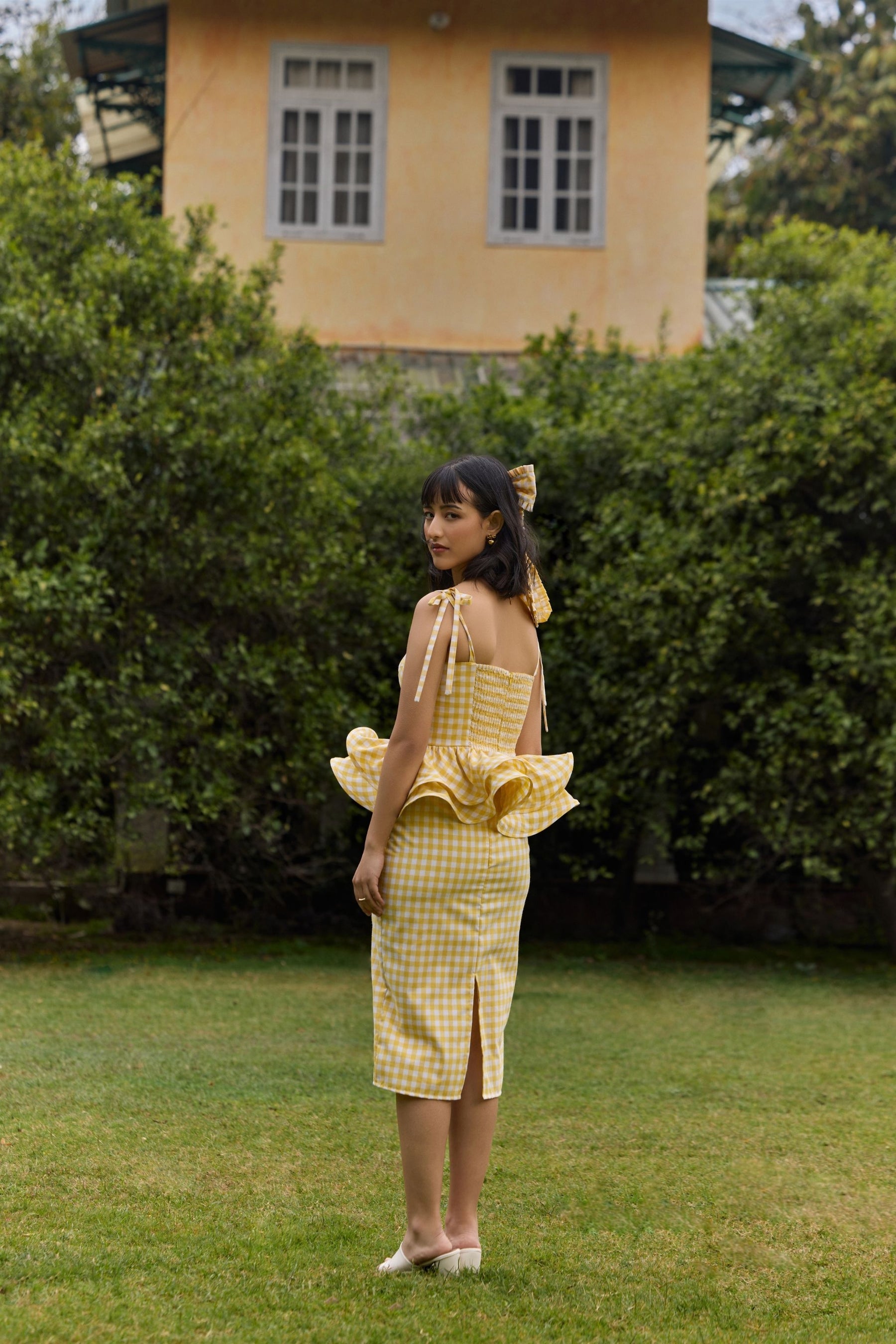 Yellow Gingham Peplum Top & Skirt Set