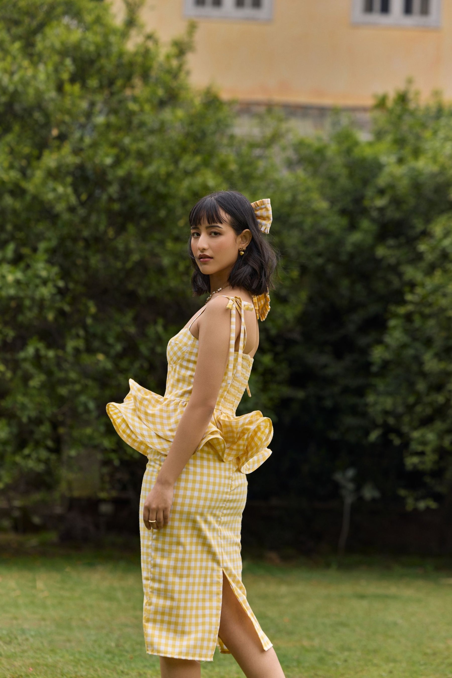 Yellow Gingham Peplum Top & Skirt Set