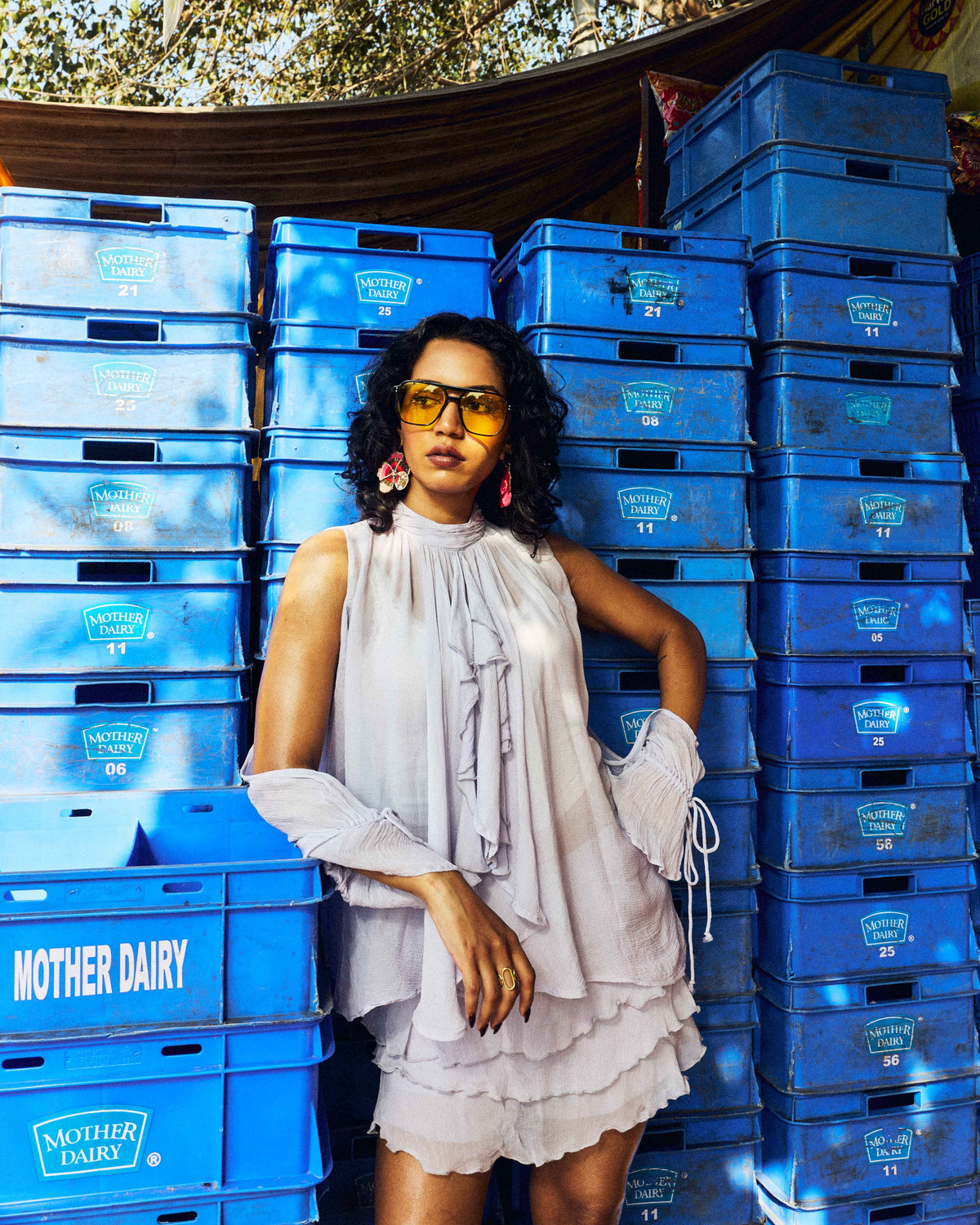 Lavender Ruffle High Neck Open Sleeve Top