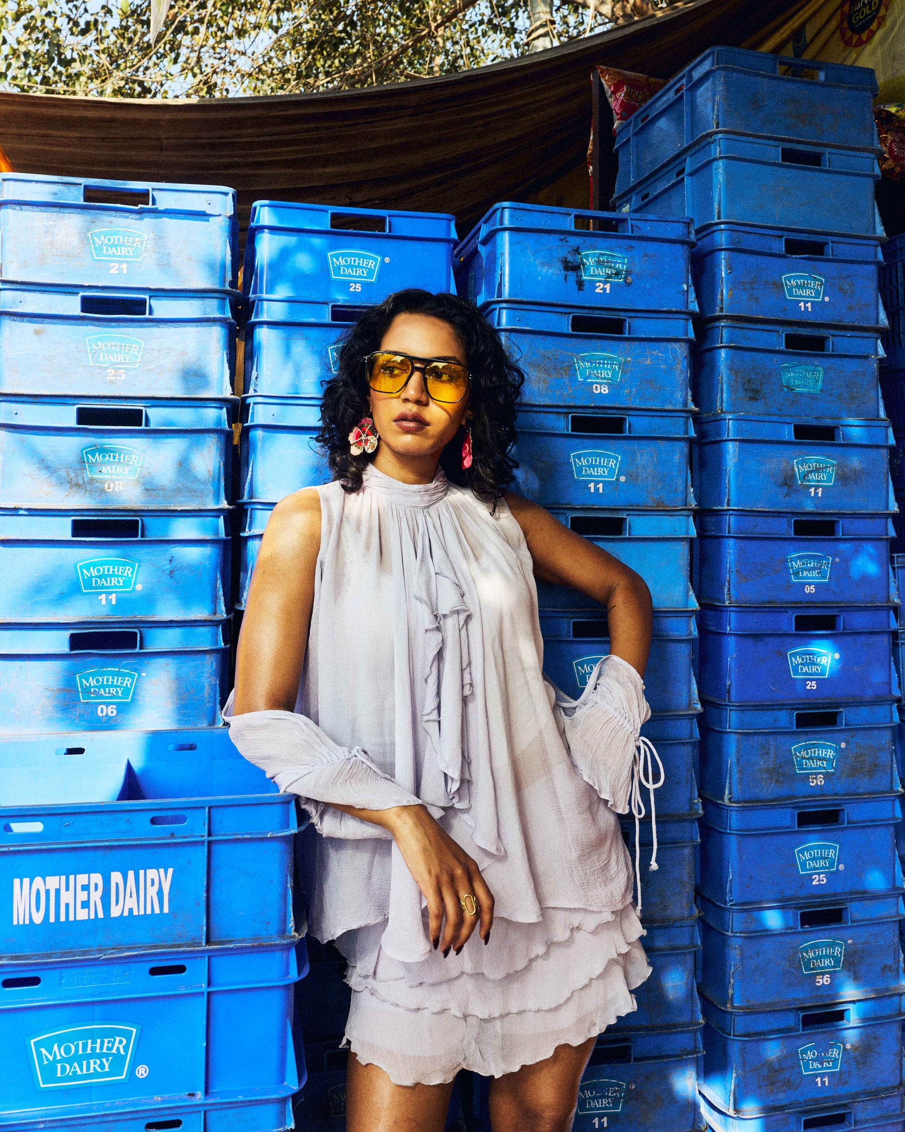 Lavender Ruffle High Neck Open Sleeve Top