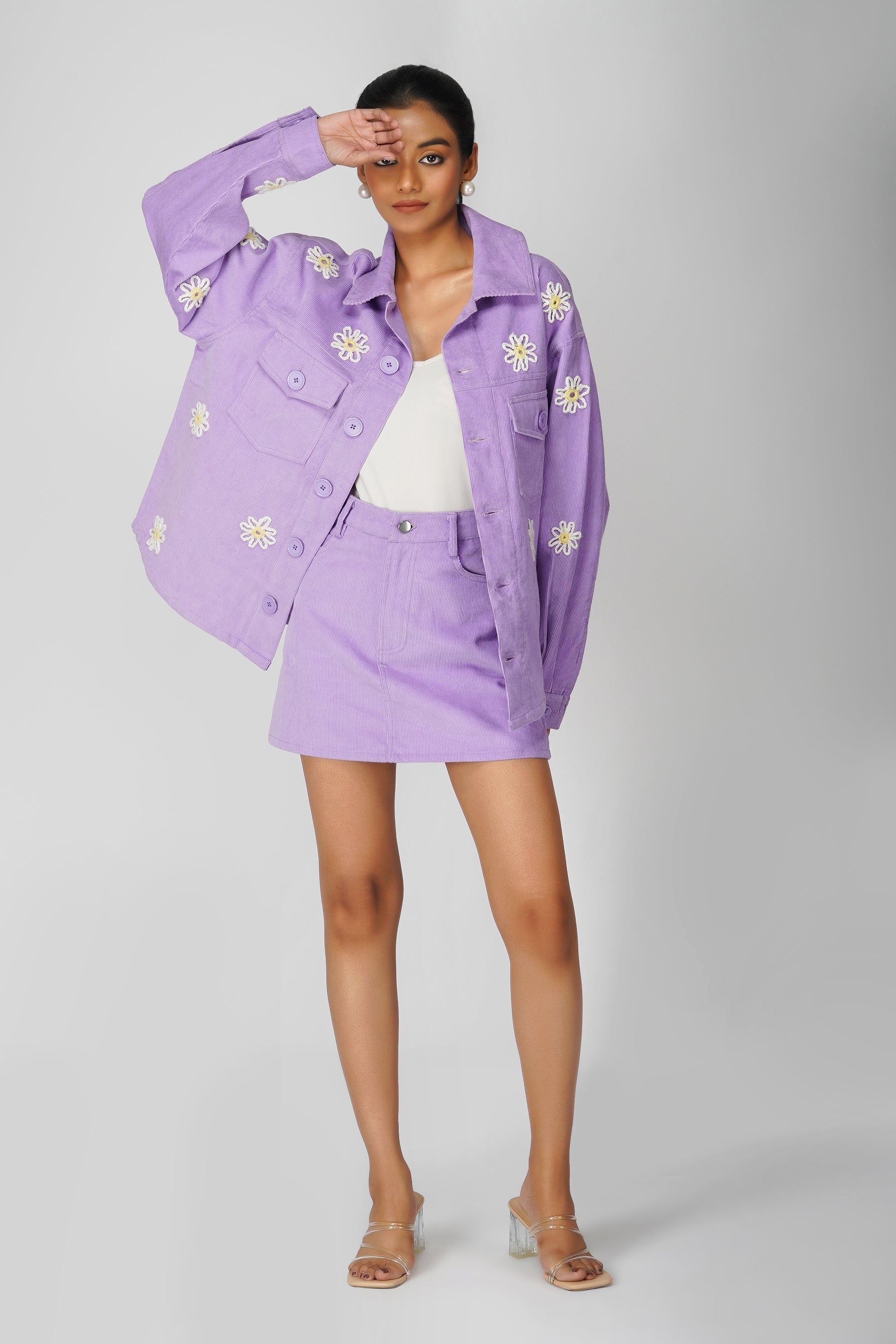 Emily in Paris: Flower Applique Oversized Jacket and Skirt Set-Lilac