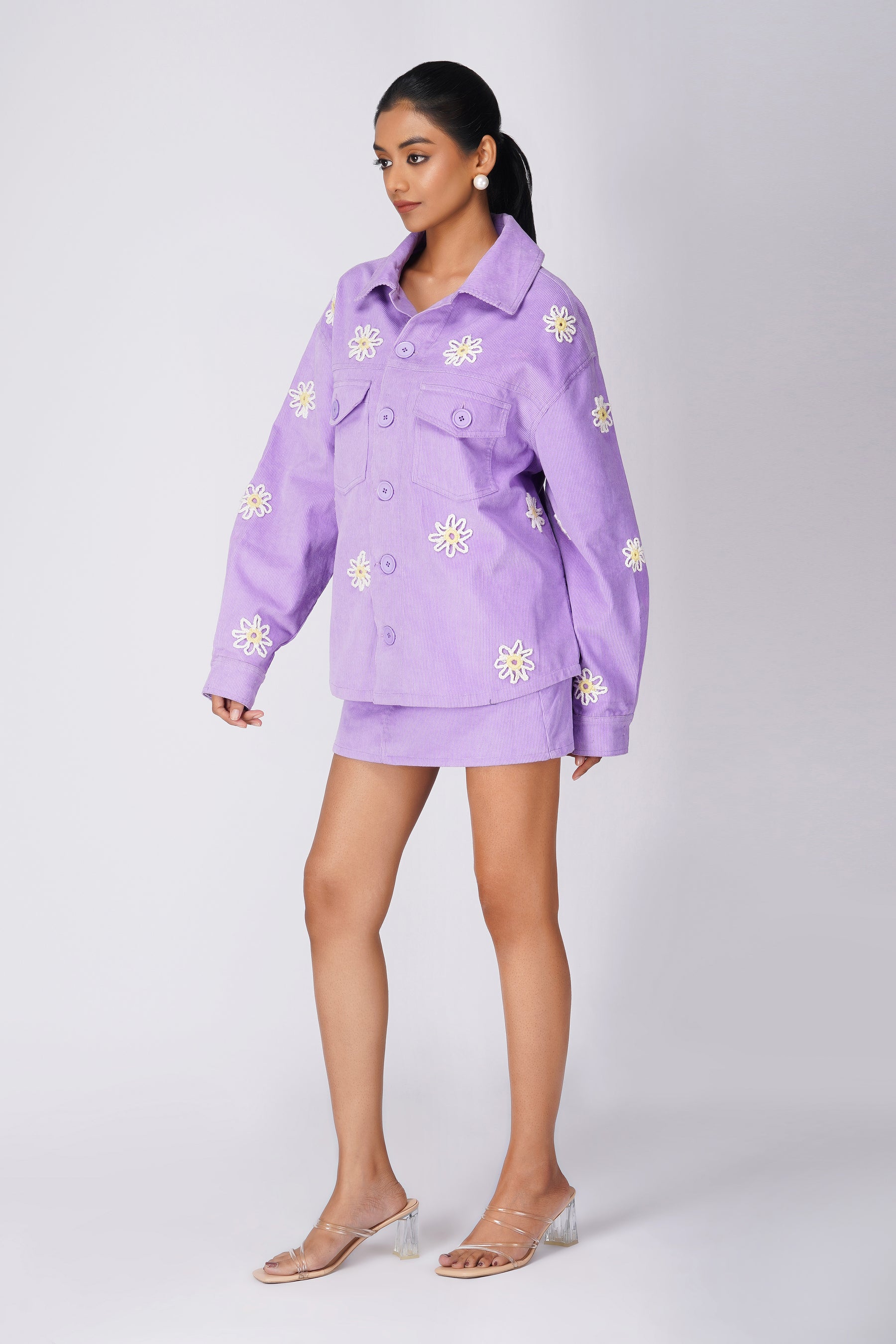 Emily in Paris: Flower Applique Oversized Jacket and Skirt Set-Lilac