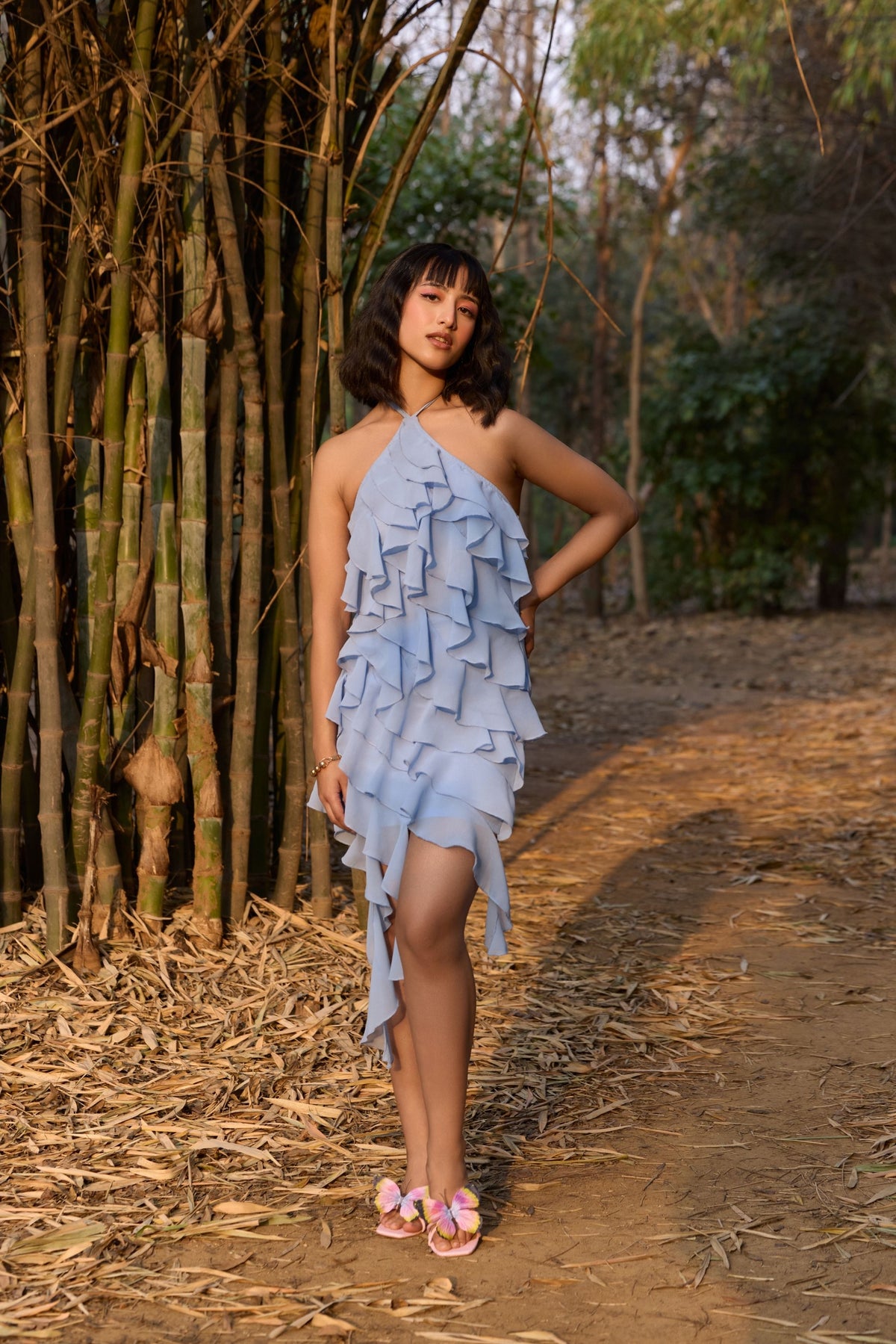 Blue Ruffled Halter Neck Dress