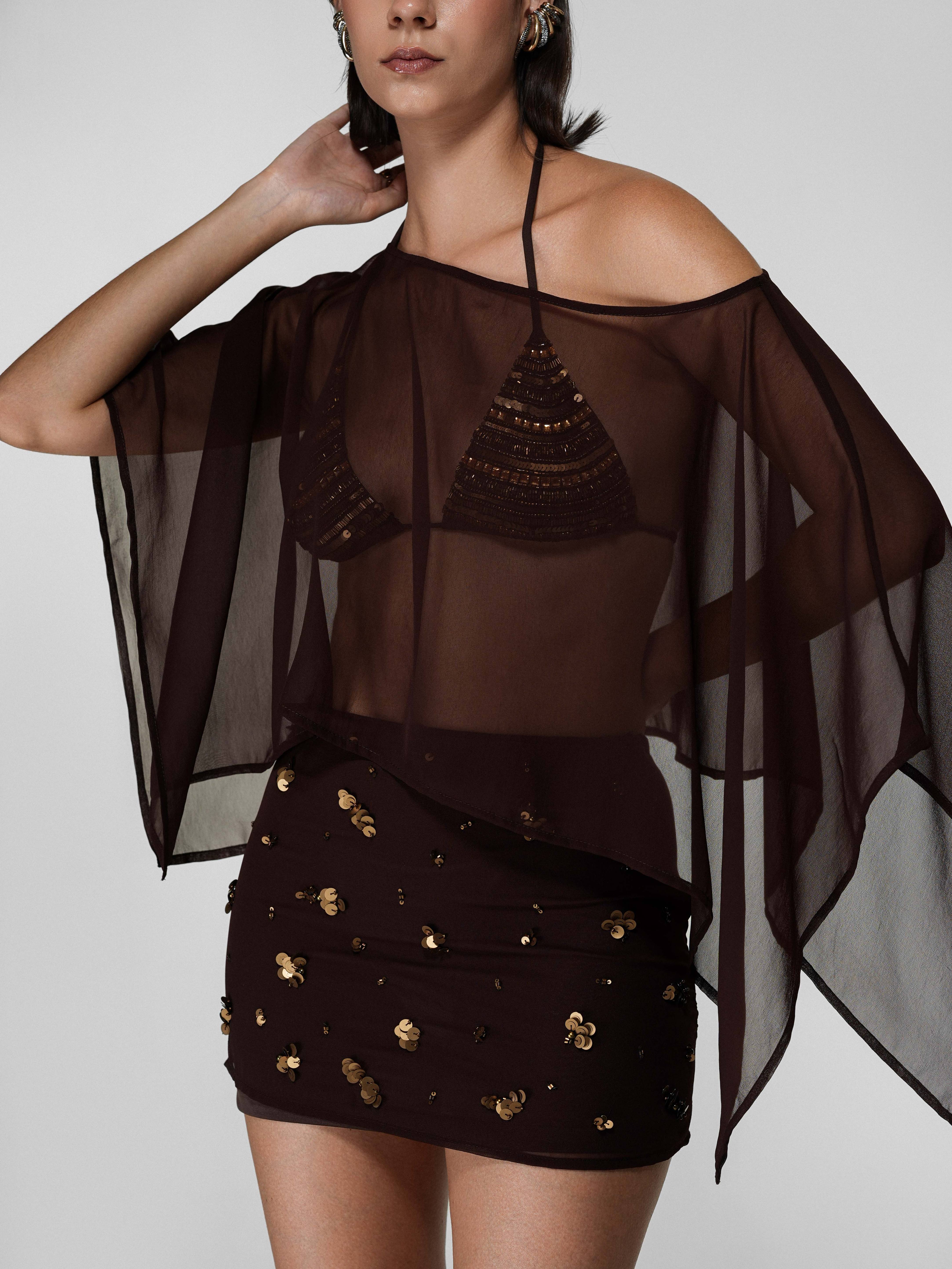 Brown Sheer Asymmetric Draped Cape
