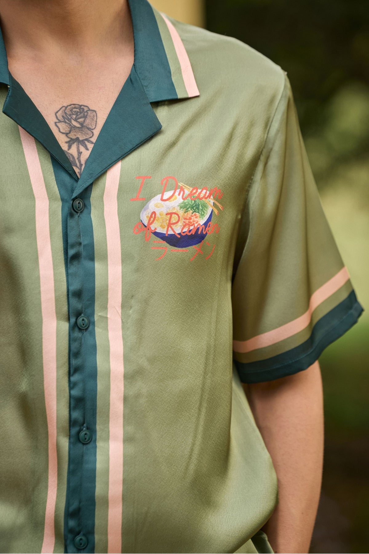 I Dream of Ramen Printed Camp Collar Satin Shirt – Olive Green