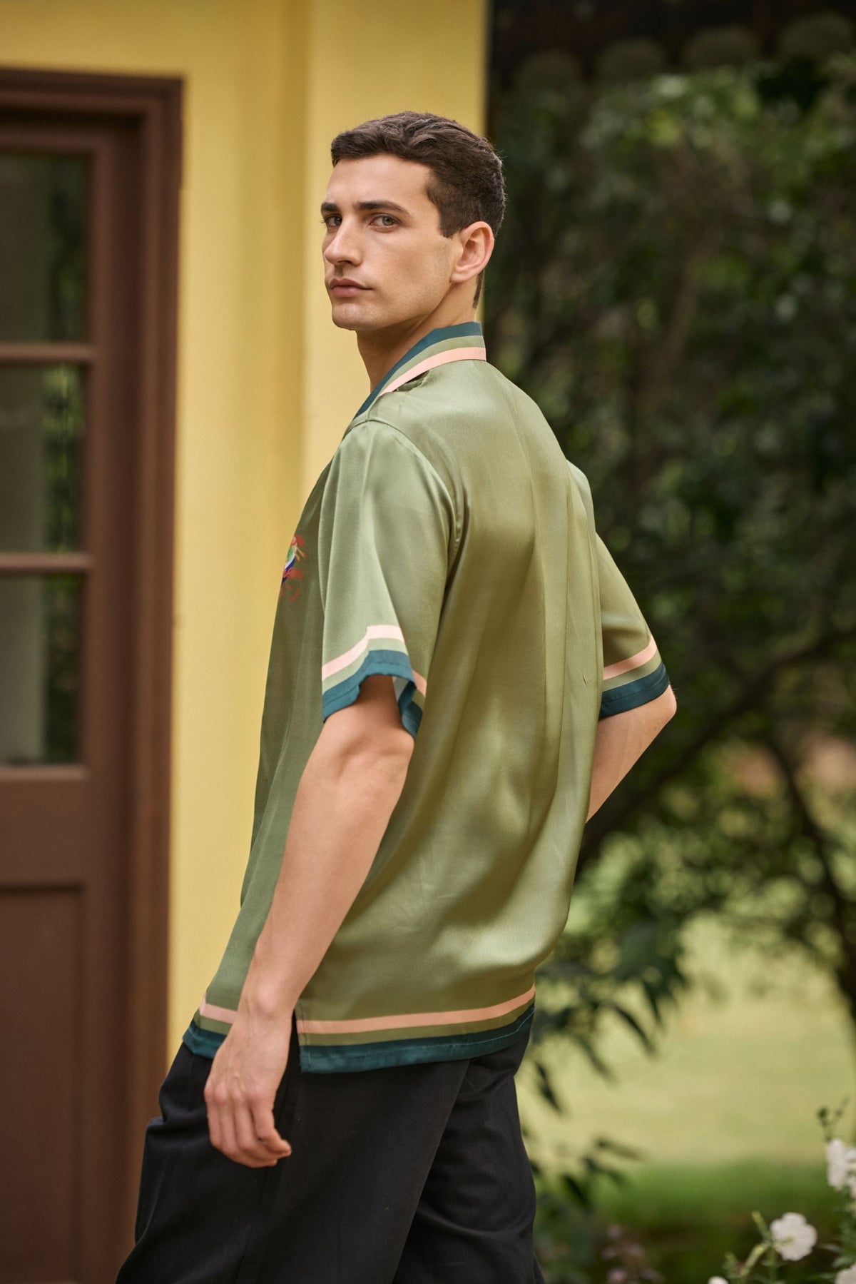 I Dream of Ramen Printed Camp Collar Satin Shirt – Olive Green