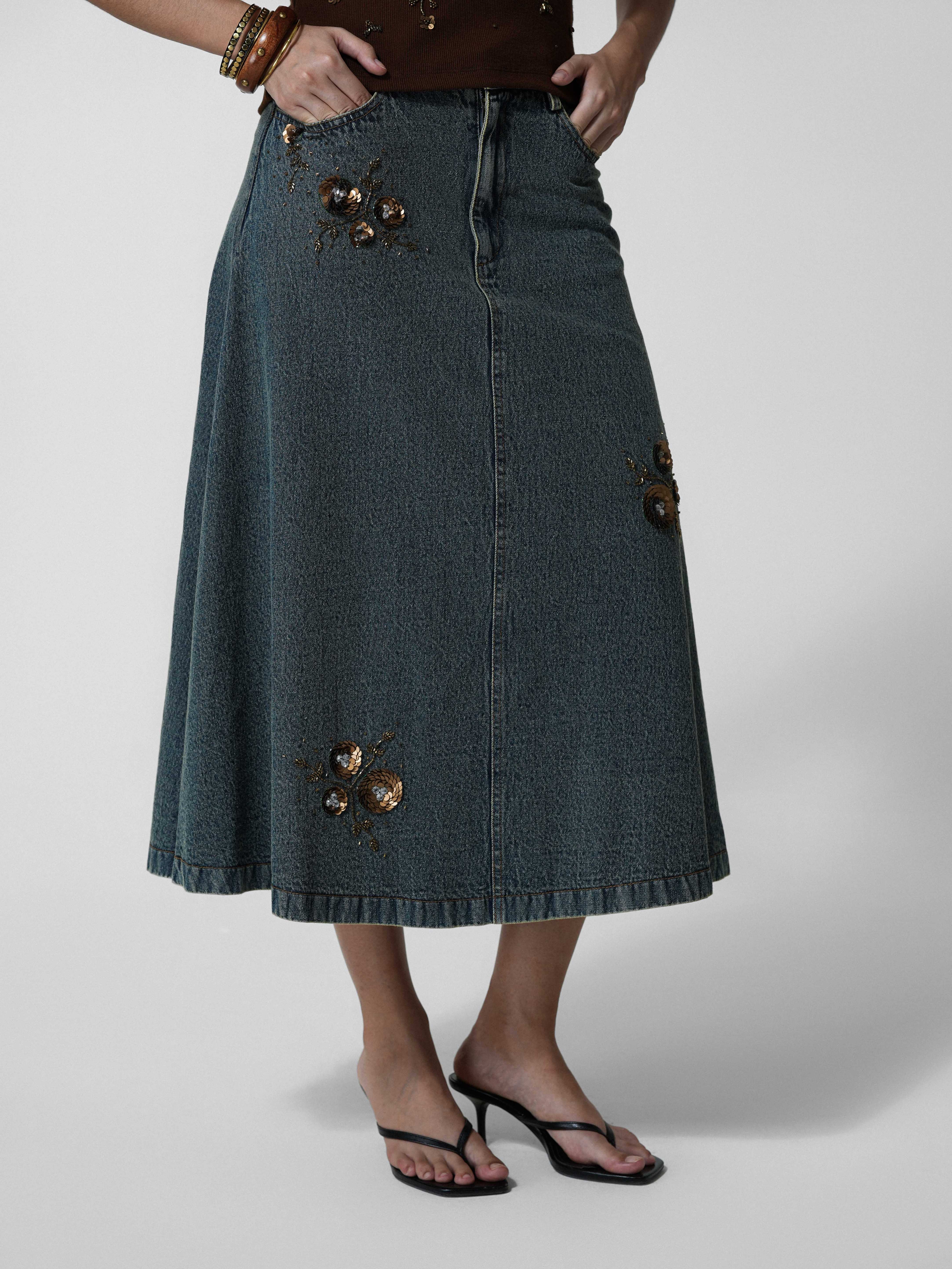 Beaded Vintage-Wash Denim Maxi Skirt
