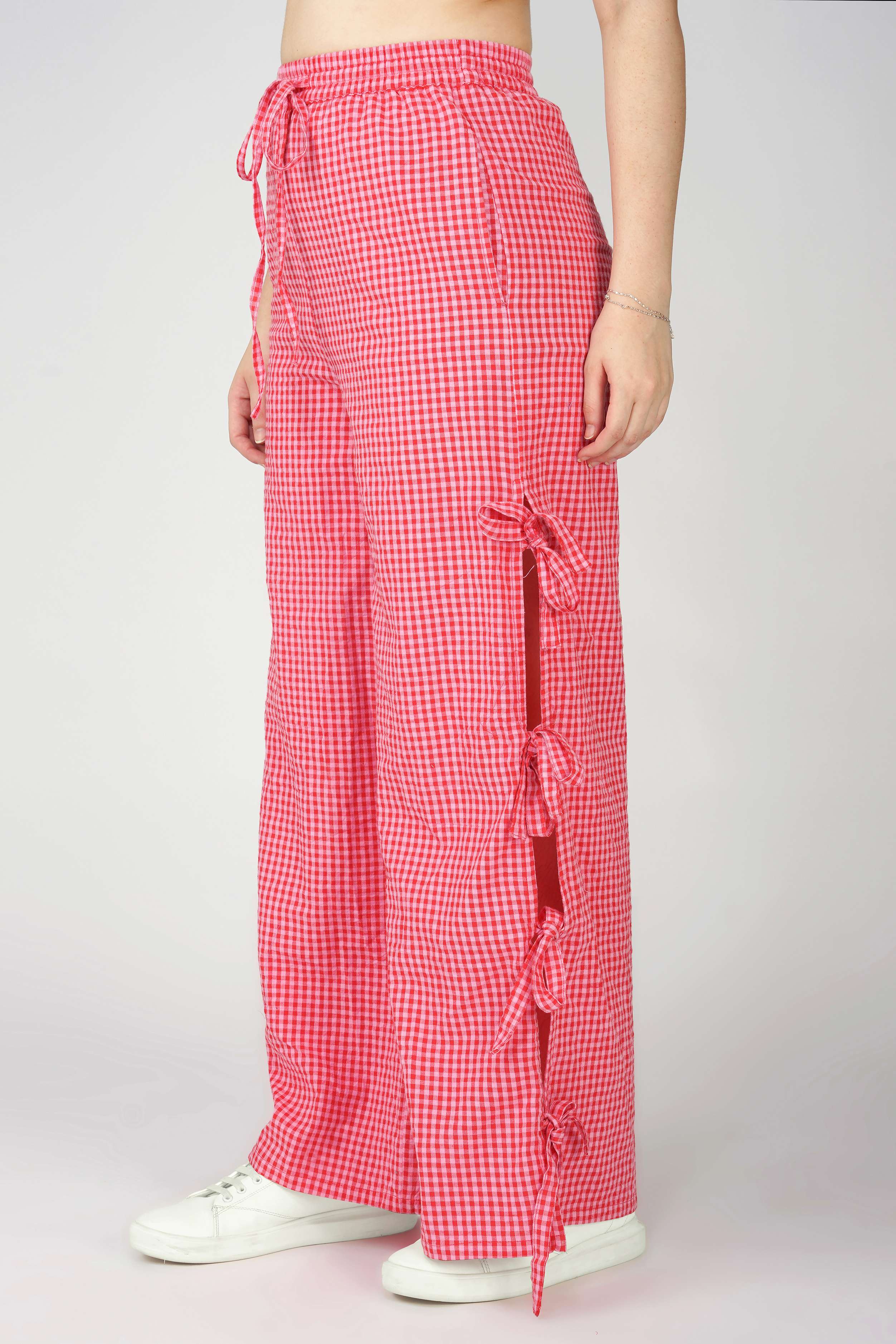 Red Gingham Side Slit Pants With Tie Ups