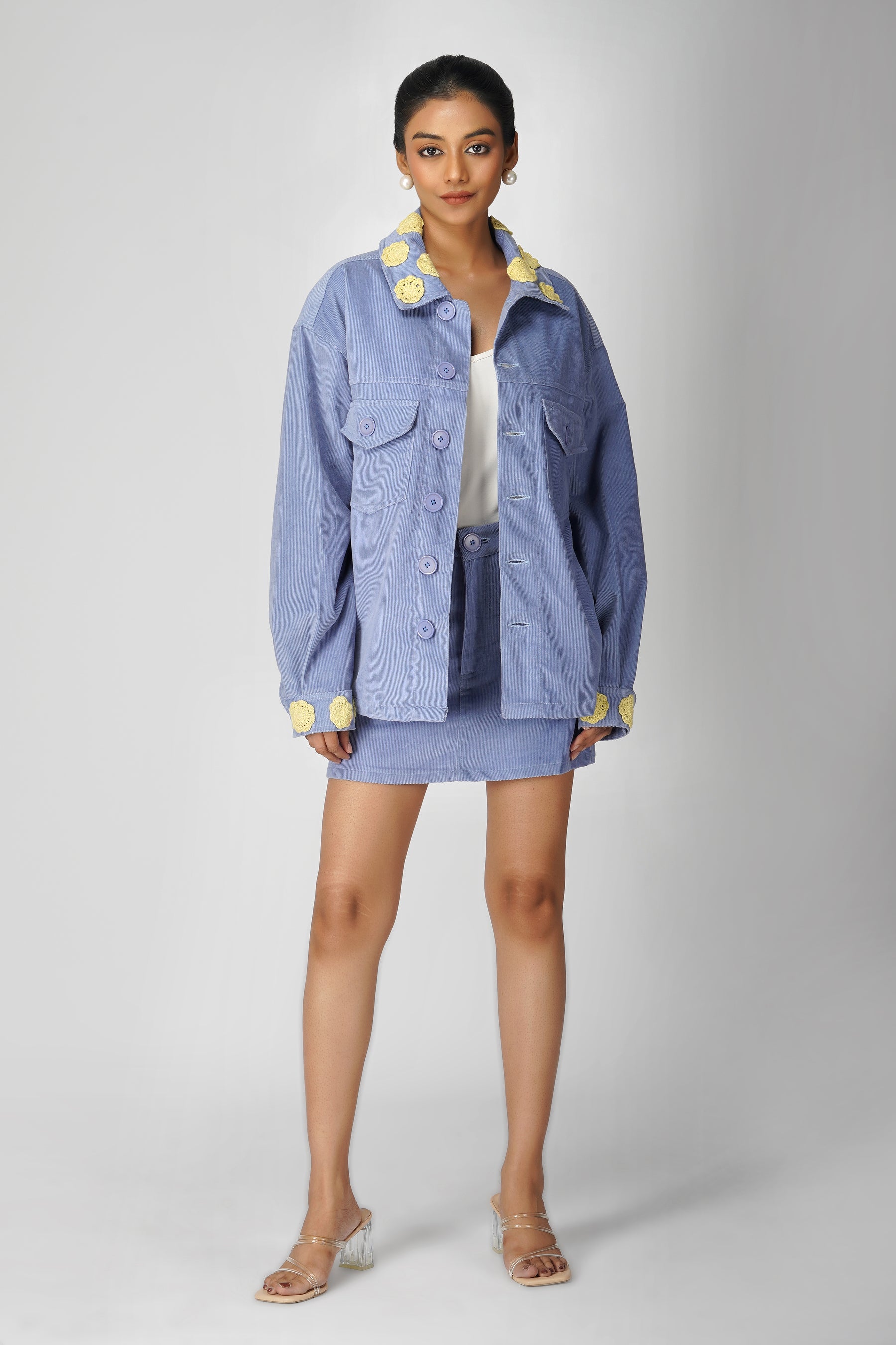 Emily in Paris: Flower Applique Oversized Jacket and Skirt Set-Blue