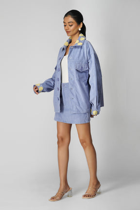 Emily in Paris: Flower Applique Oversized Jacket and Skirt Set-Blue