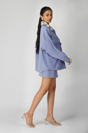 Emily in Paris: Flower Applique Oversized Jacket and Skirt Set-Blue