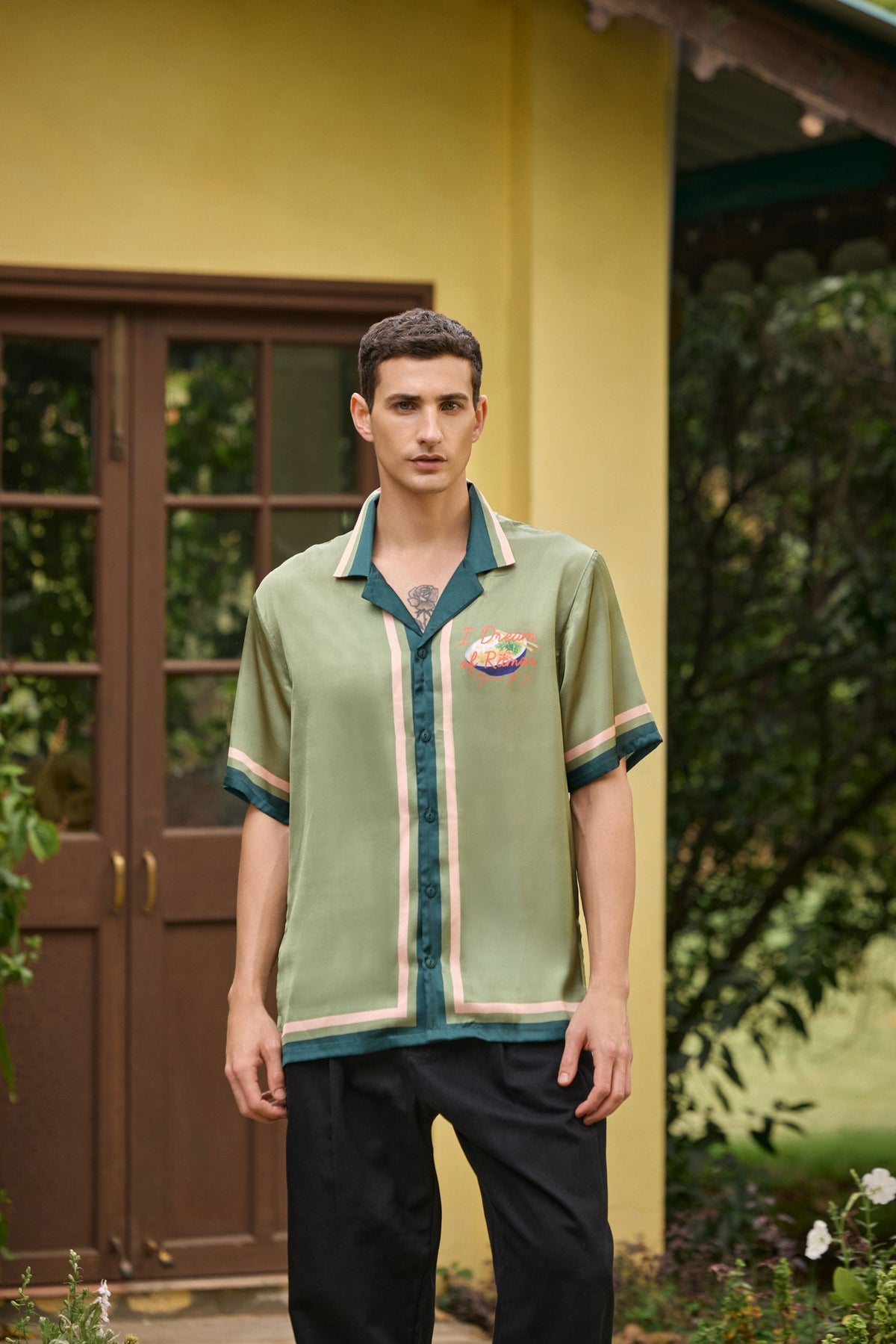 I Dream of Ramen Printed Camp Collar Satin Shirt – Olive Green