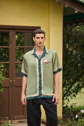 I Dream of Ramen Printed Camp Collar Satin Shirt – Olive Green