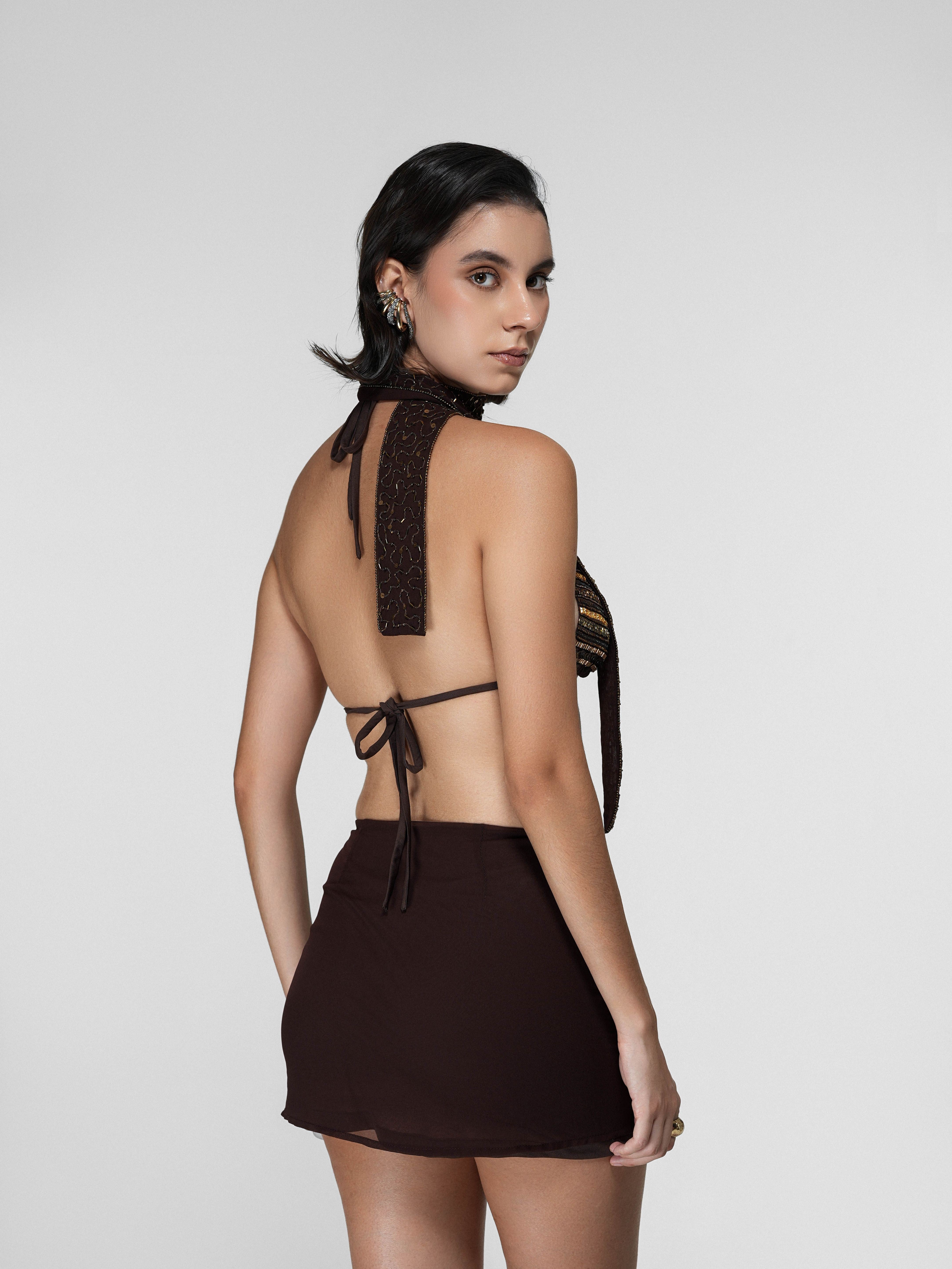 Brown Sequin Fitted Mini Skirt