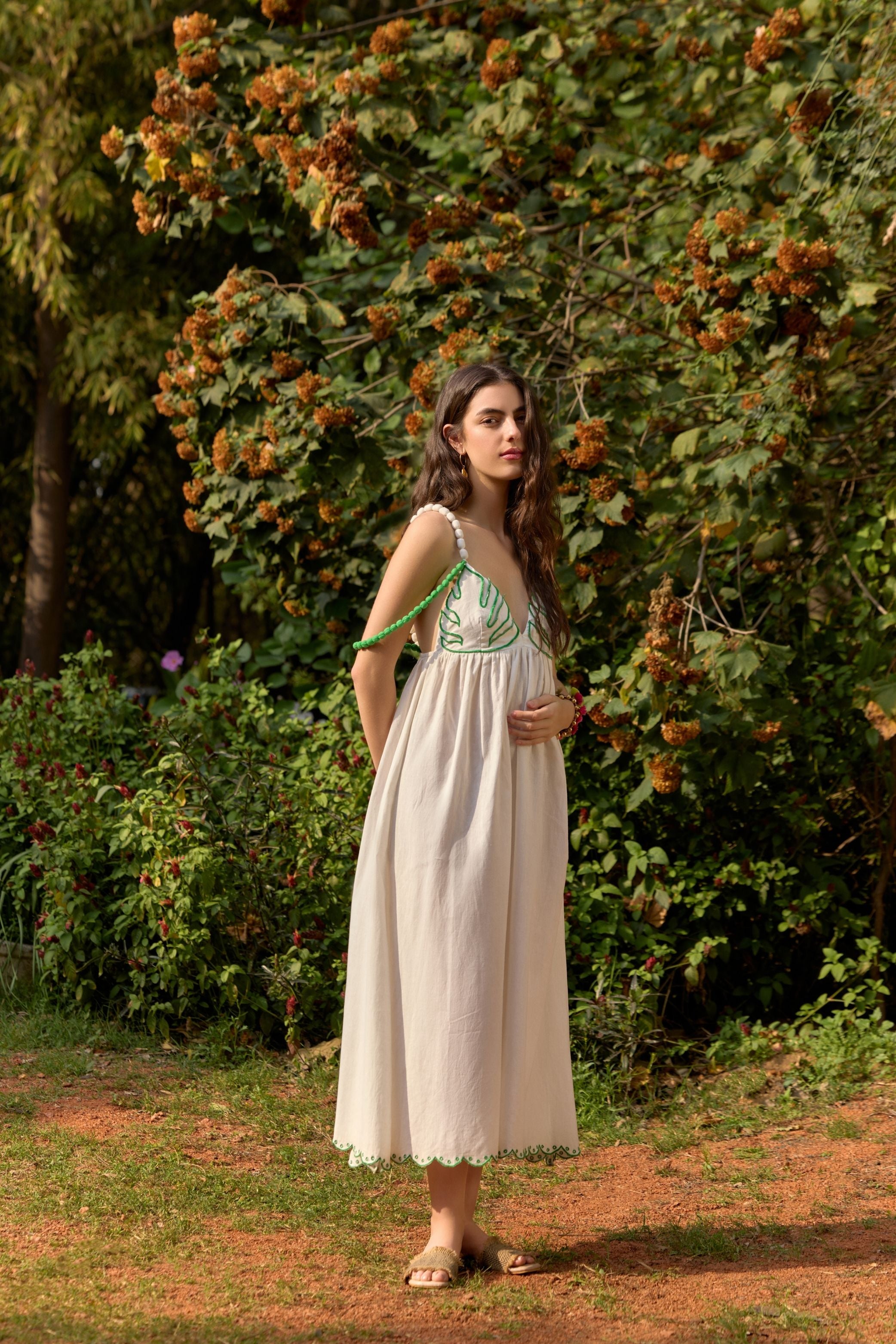 Palm Leaf Embroidered Midi Dress