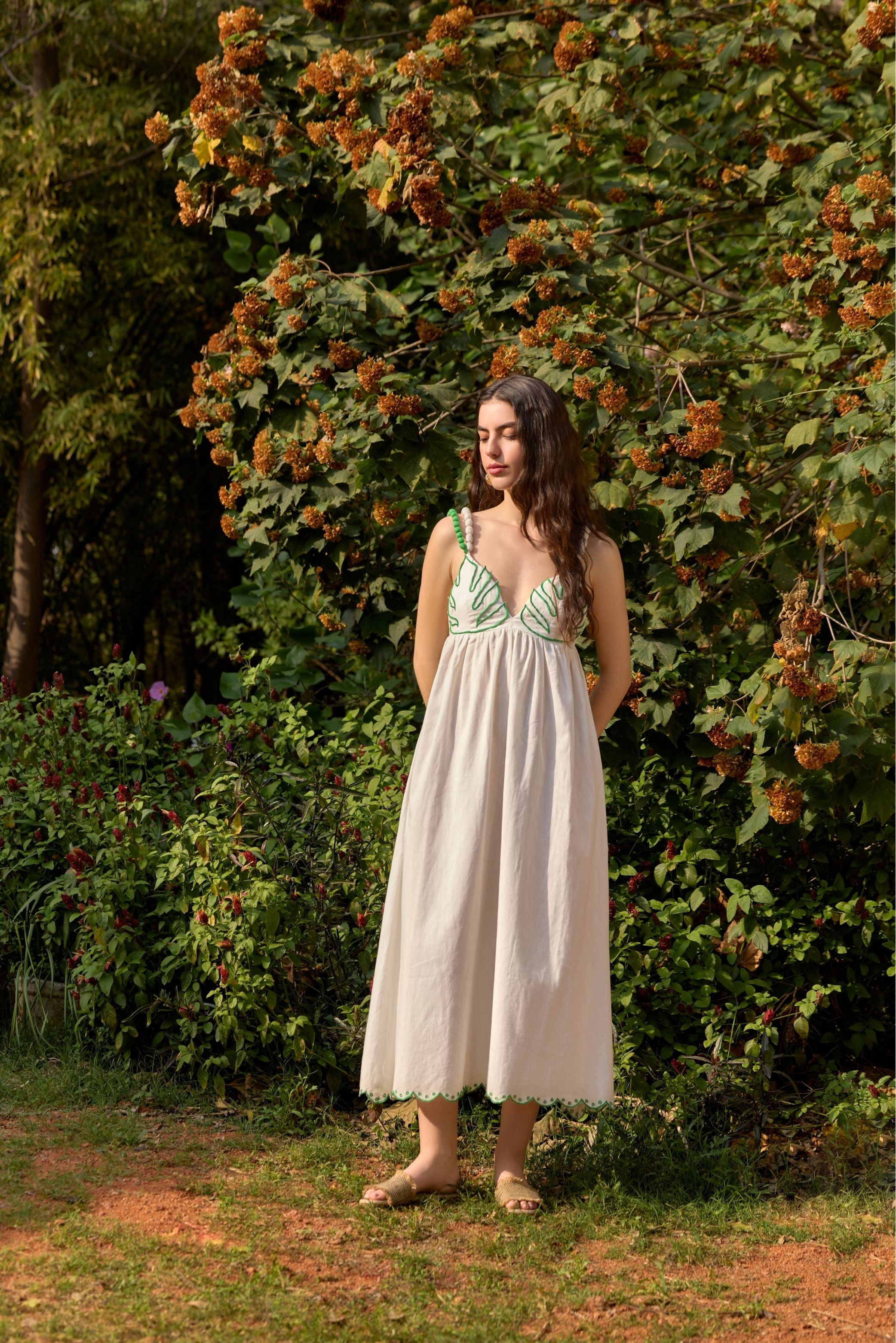 Palm Leaf Embroidered Midi Dress