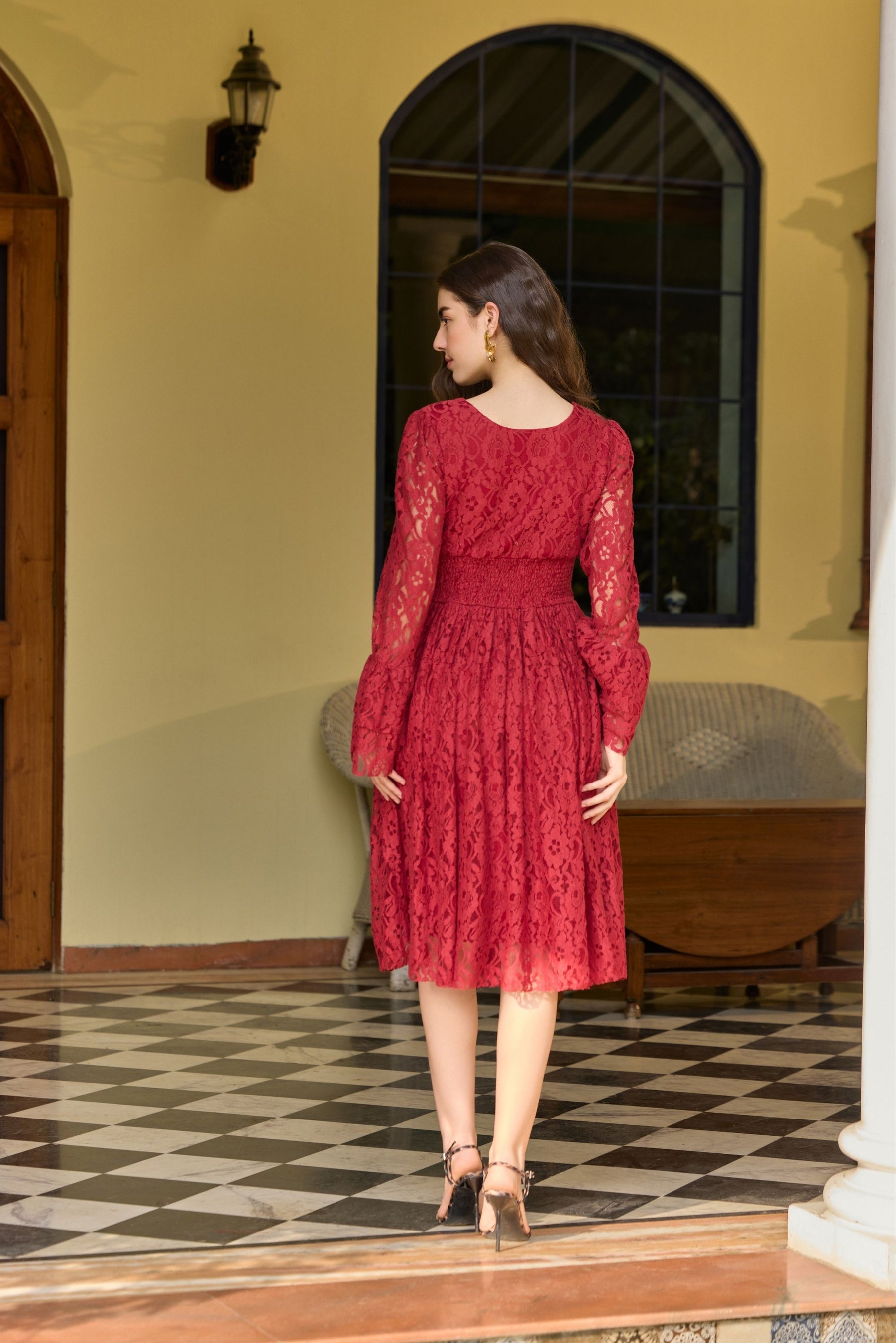 Elegant Cherry Red Lace Midi Dress Elegant Cherry Red Lace Midi Dress