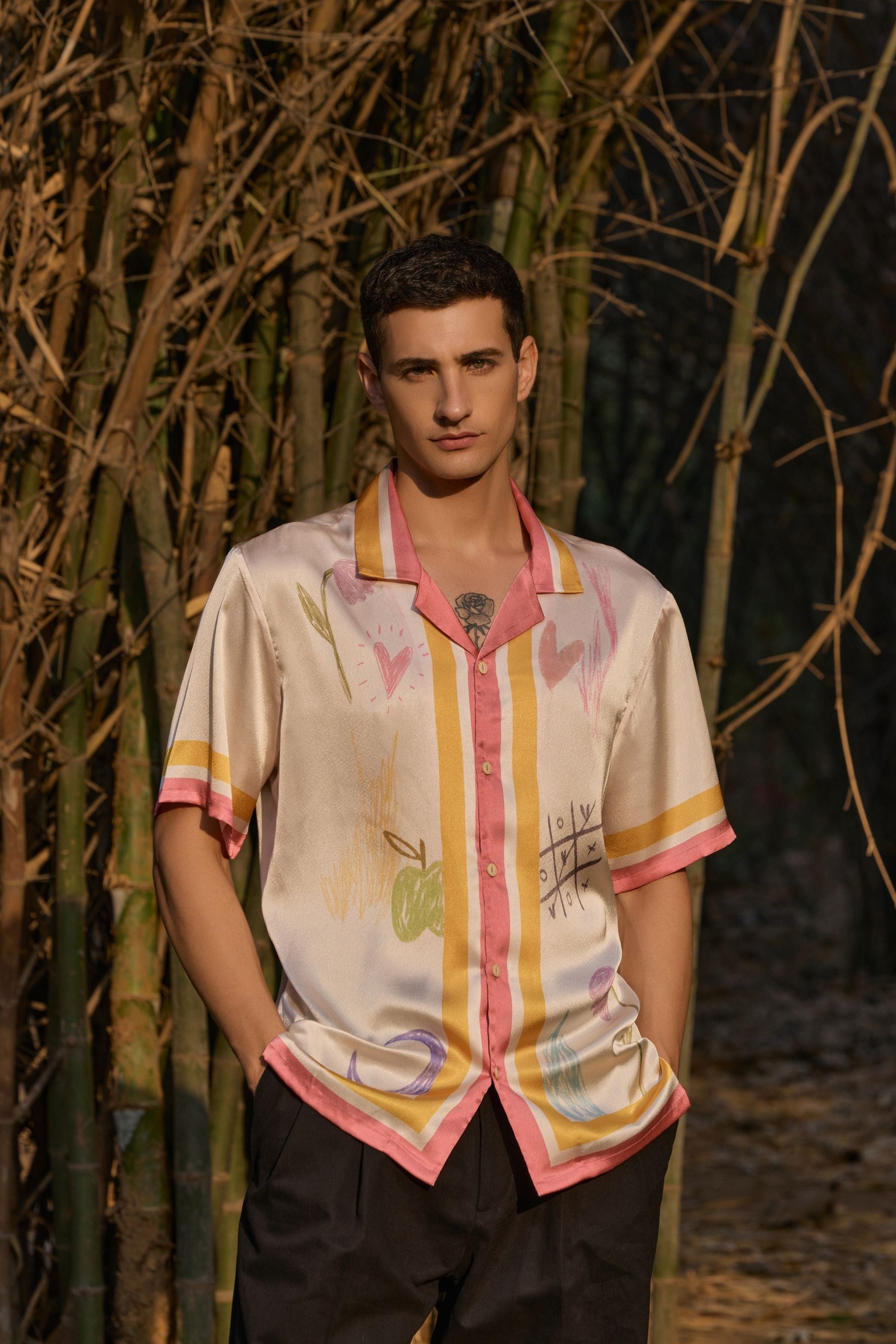 Satin Printed Camp Collar Shirt – Scribble Edition