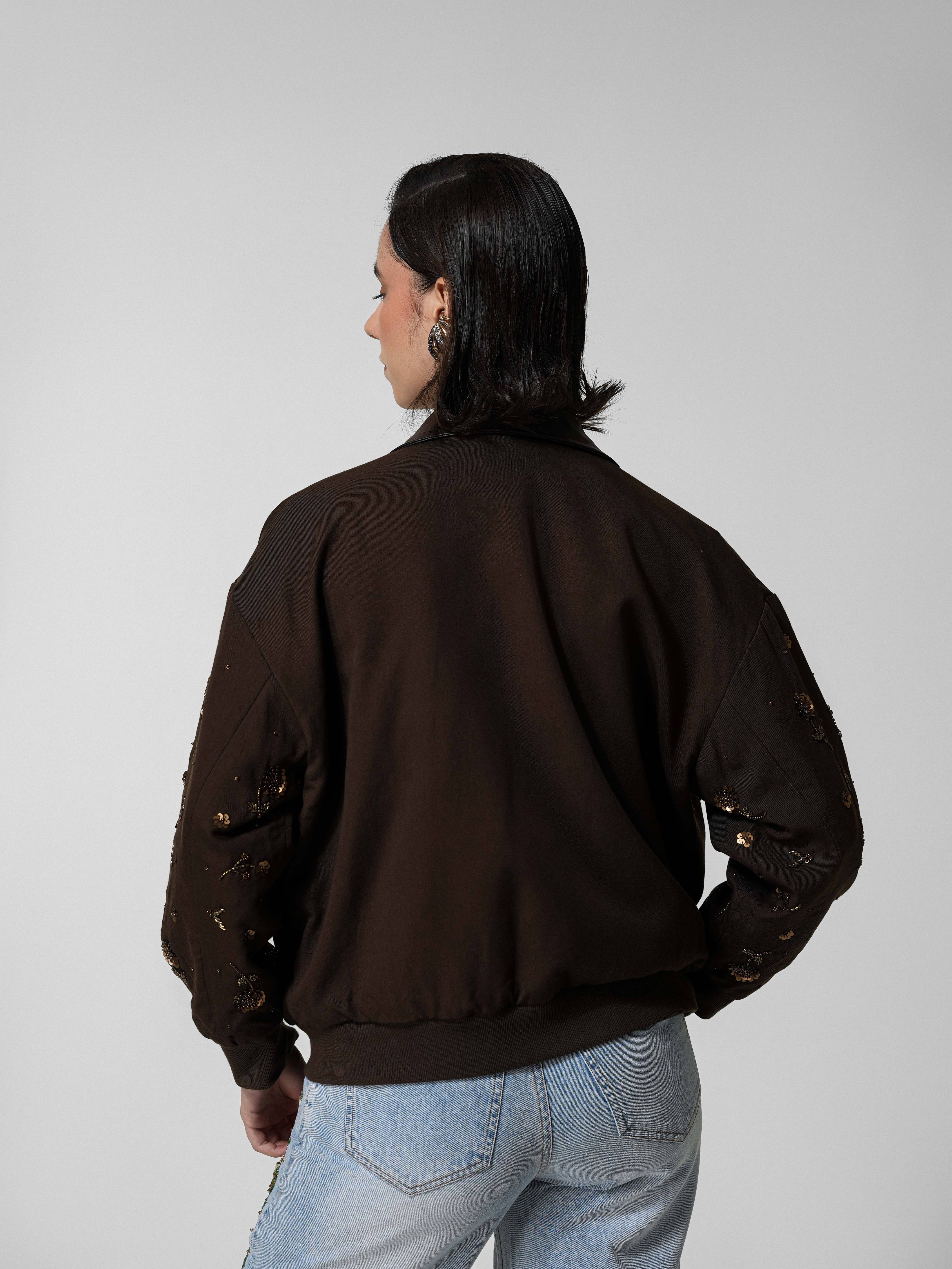 Brown Floral Beaded Cropped Bomber Jacket