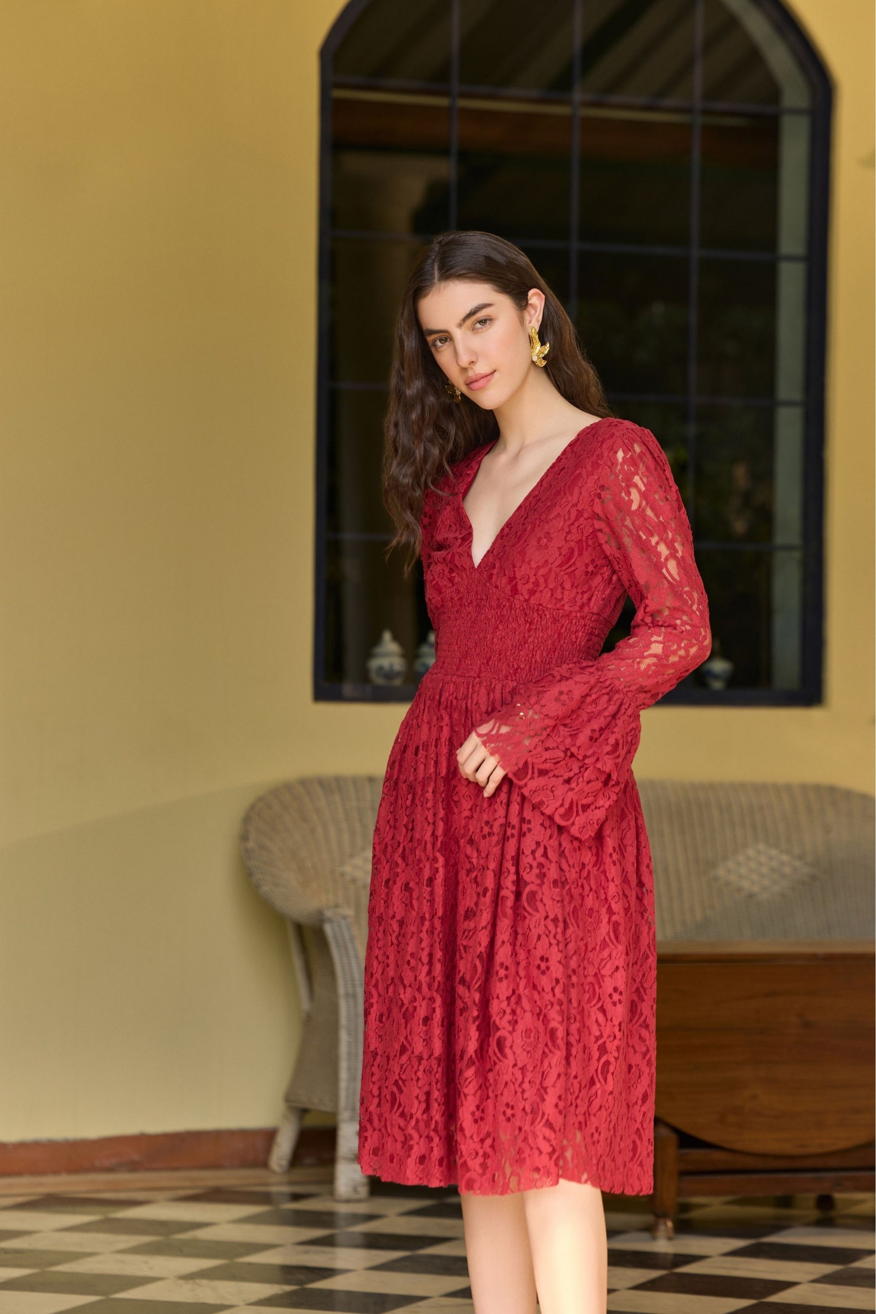 Elegant Cherry Red Lace Midi Dress