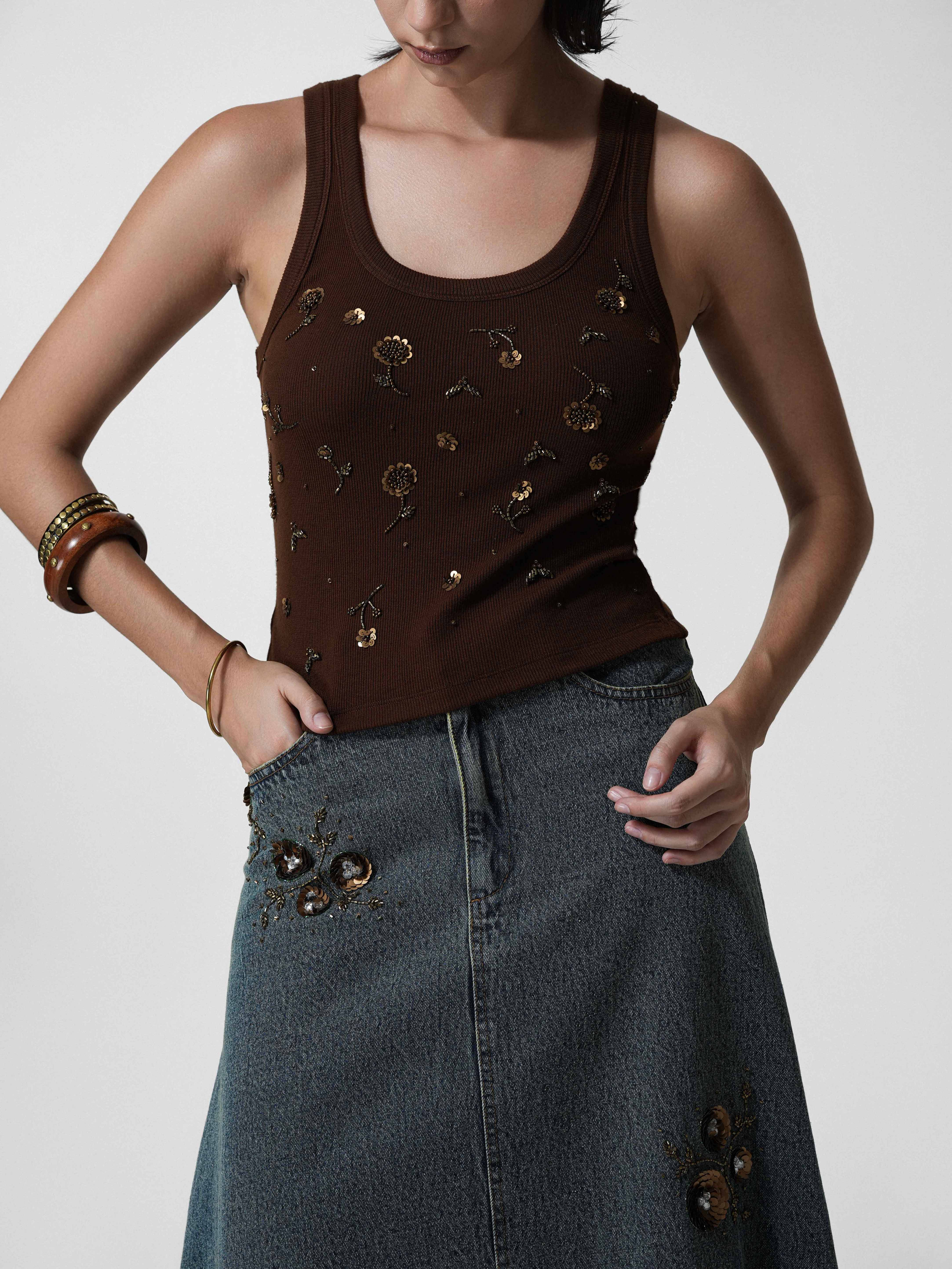 Brown Beaded Floral Tank Top