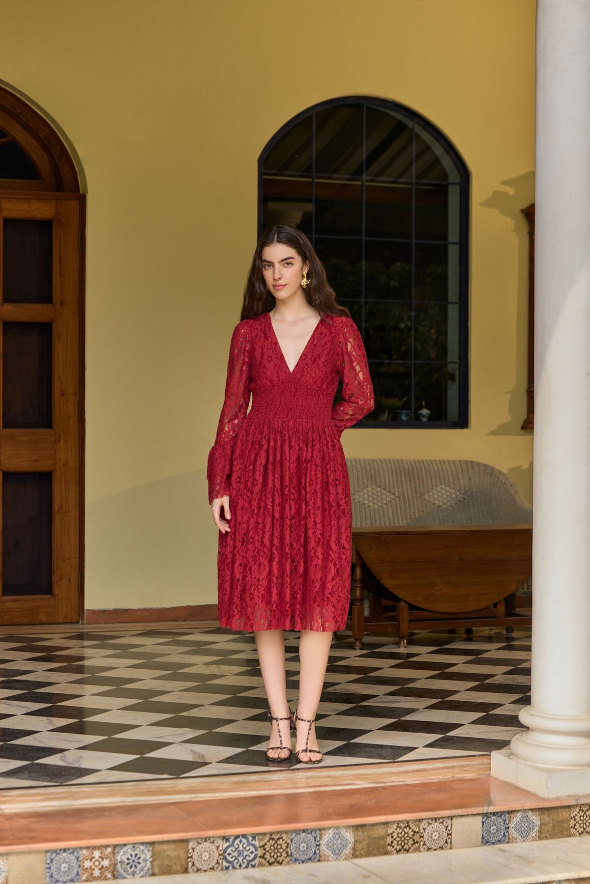 Elegant Cherry Red Lace Midi Dress