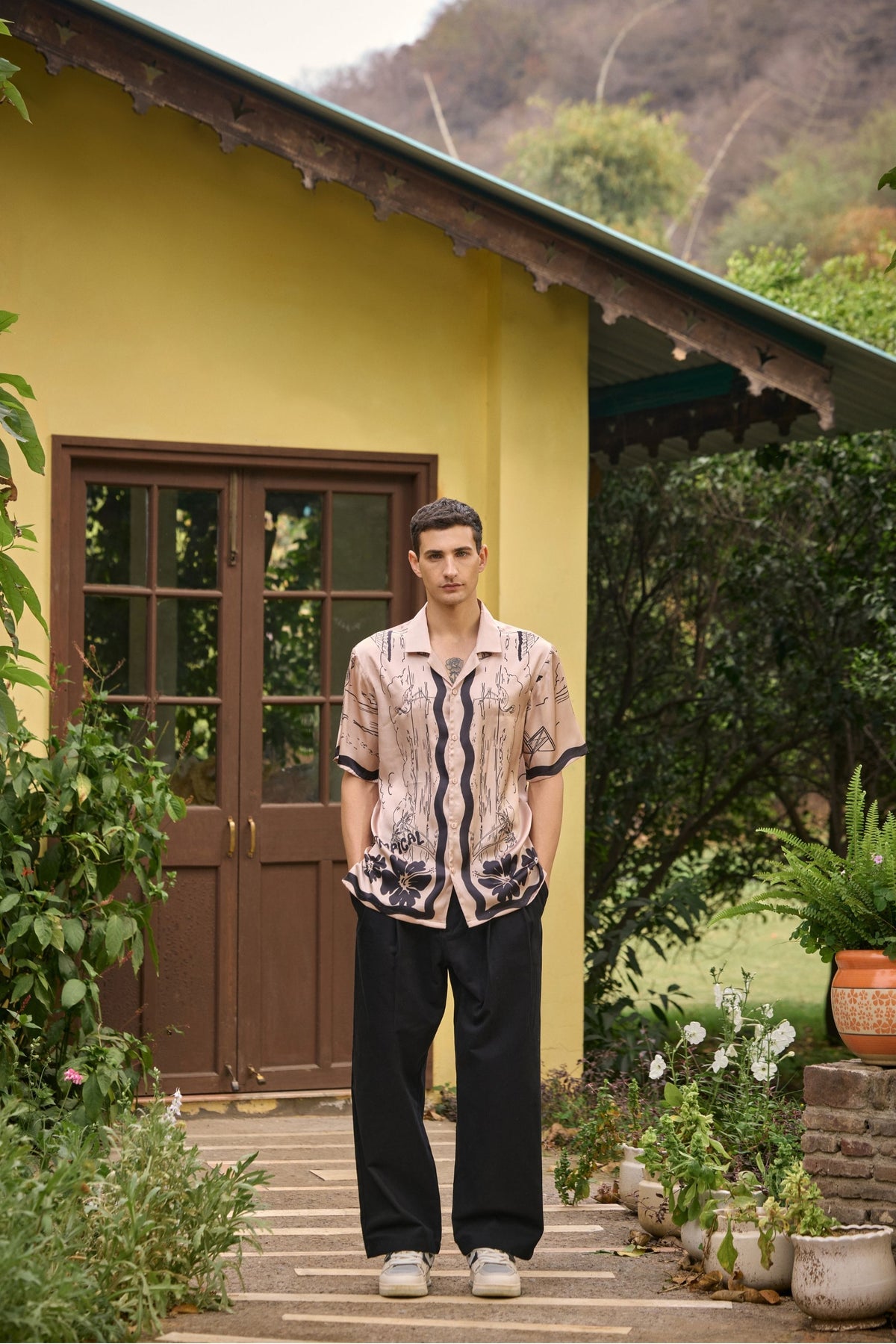 Tropical Hibiscus Printed Camp Collar Shirt